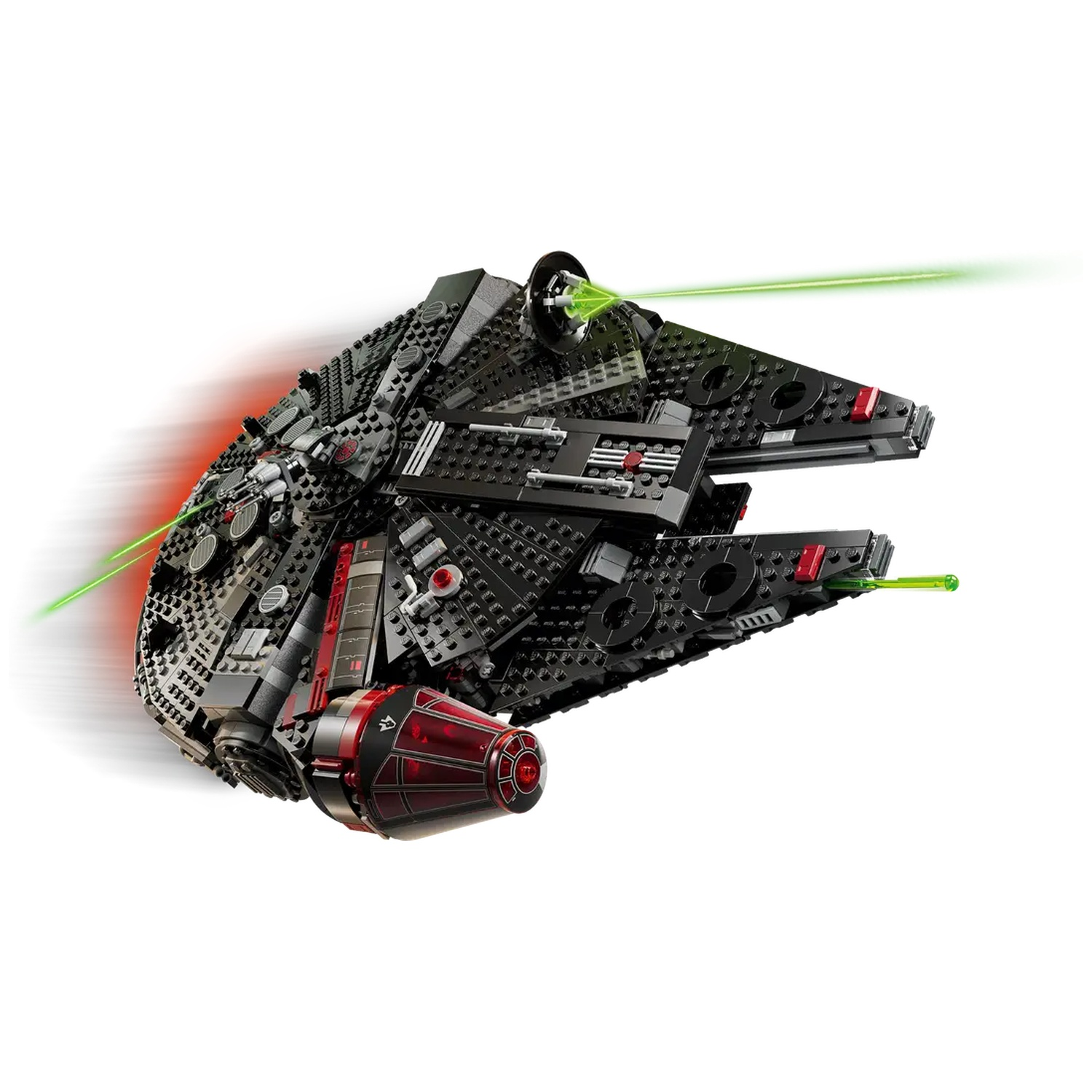 A black Lego Millennium Falcon with green lasers. Red tail and engine. The background is white.