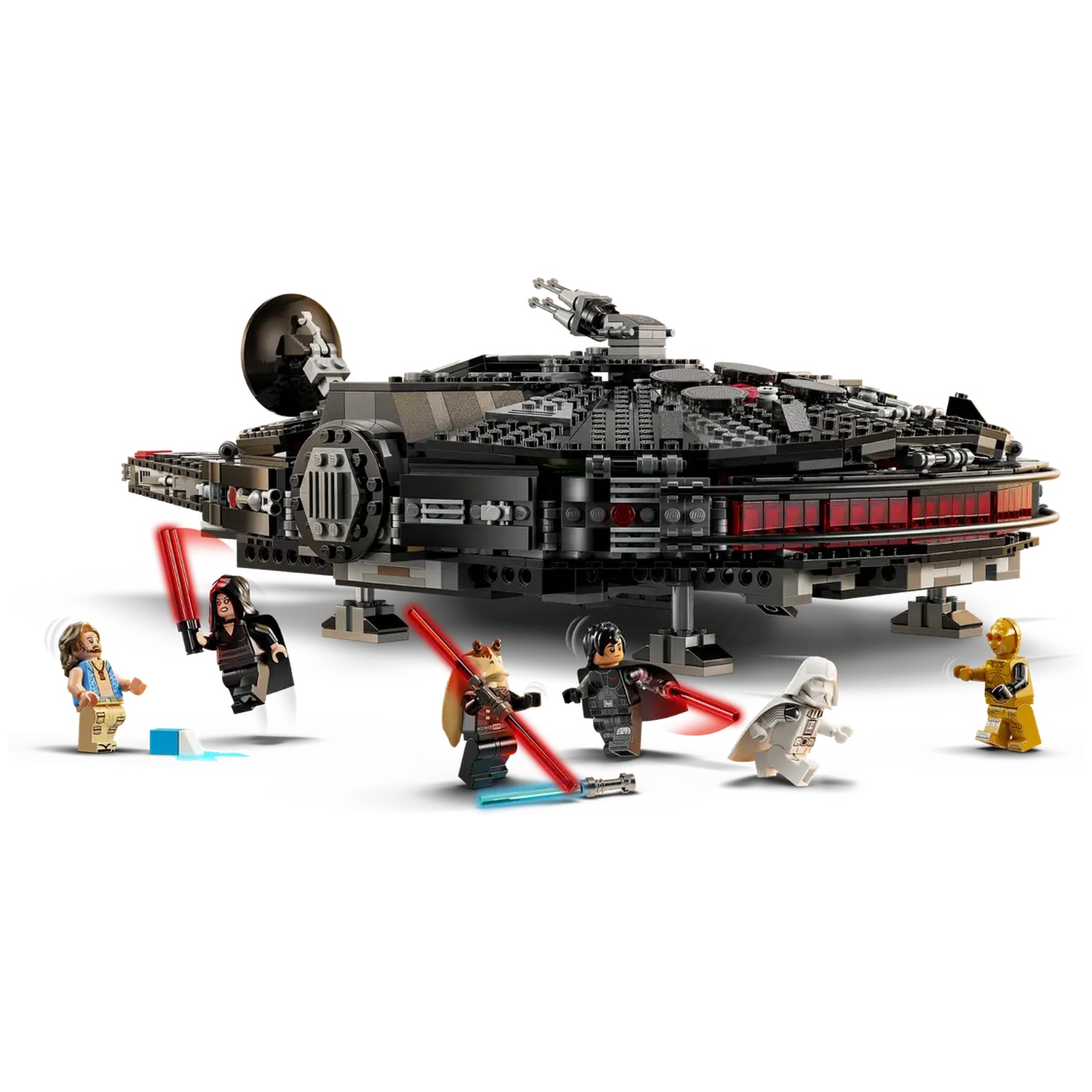 Lego Star Wars set. The Millennium Falcon model with minifigures of characters wielding lightsabers. Characters in action with the ship in the background.