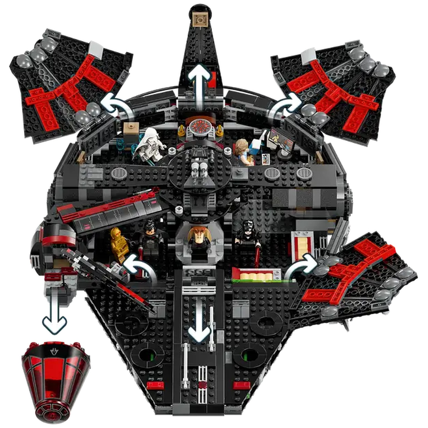 A Lego model of a black and red spaceship. The spaceship is open, revealing detailed interior with mini figures inside.
