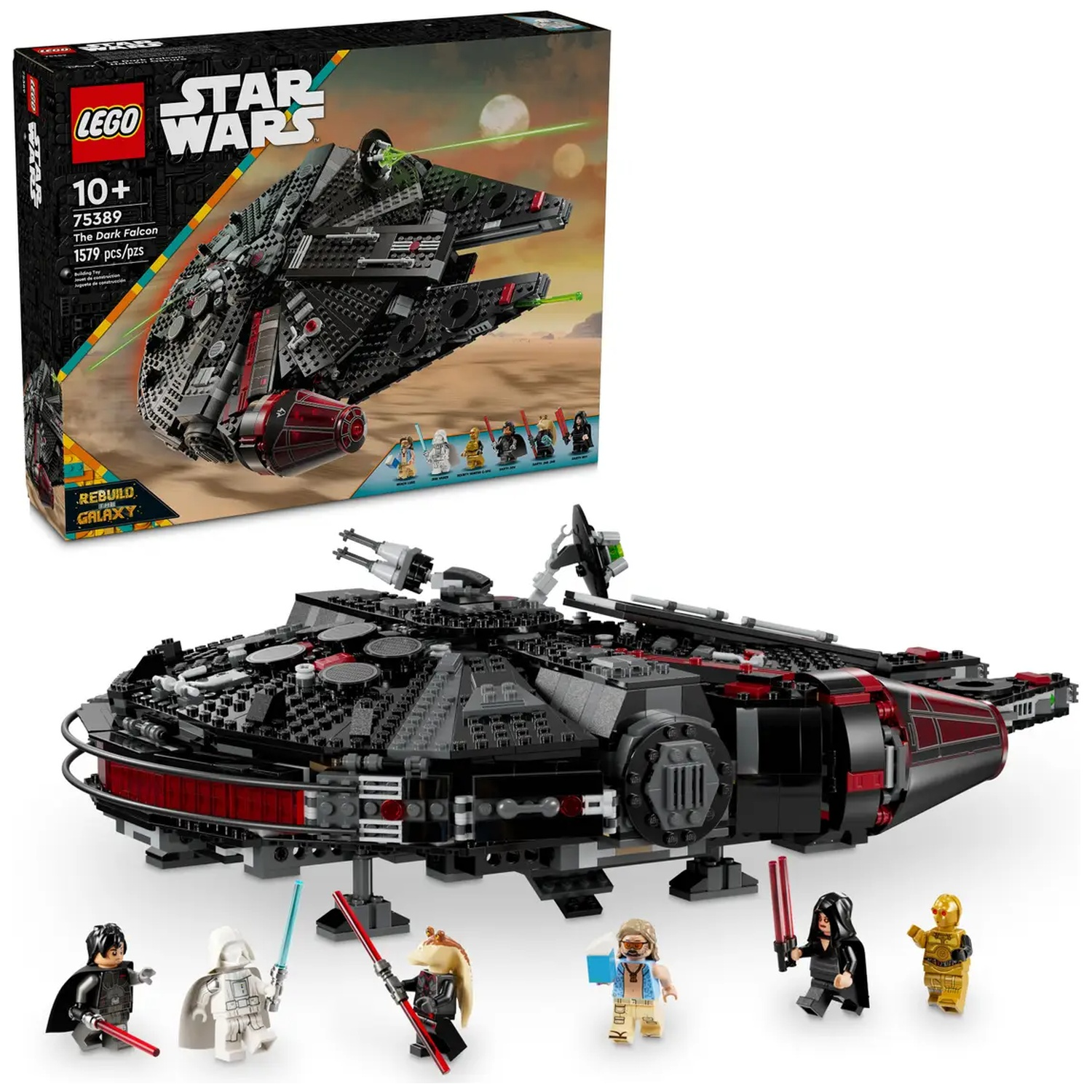 A Lego Star Wars set of the Dark Falcon. The set includes the ship and various mini figures.