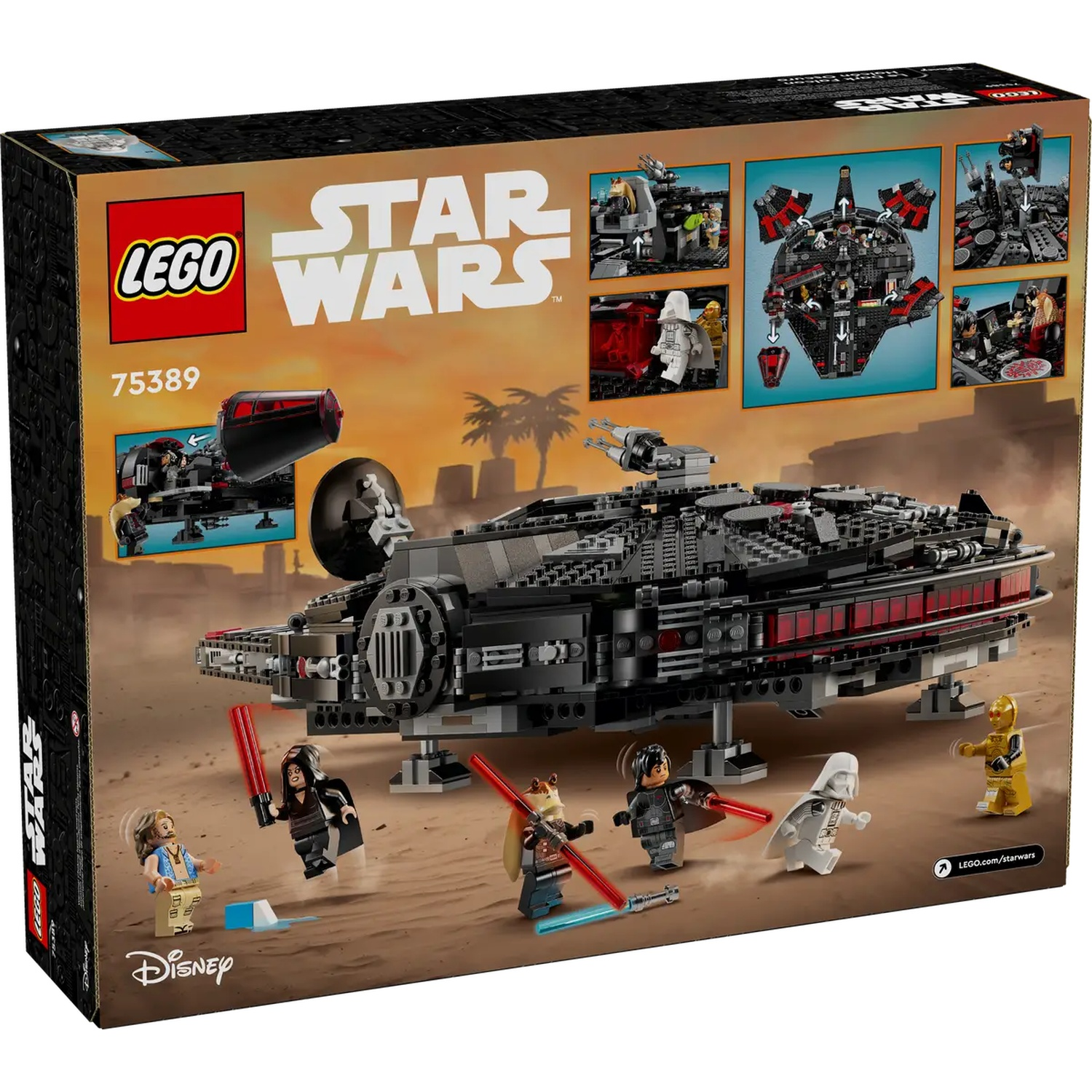 Lego Star Wars set. A black spaceship with red accents, surrounded by mini-figures with lightsabers. Background shows a desert scene.