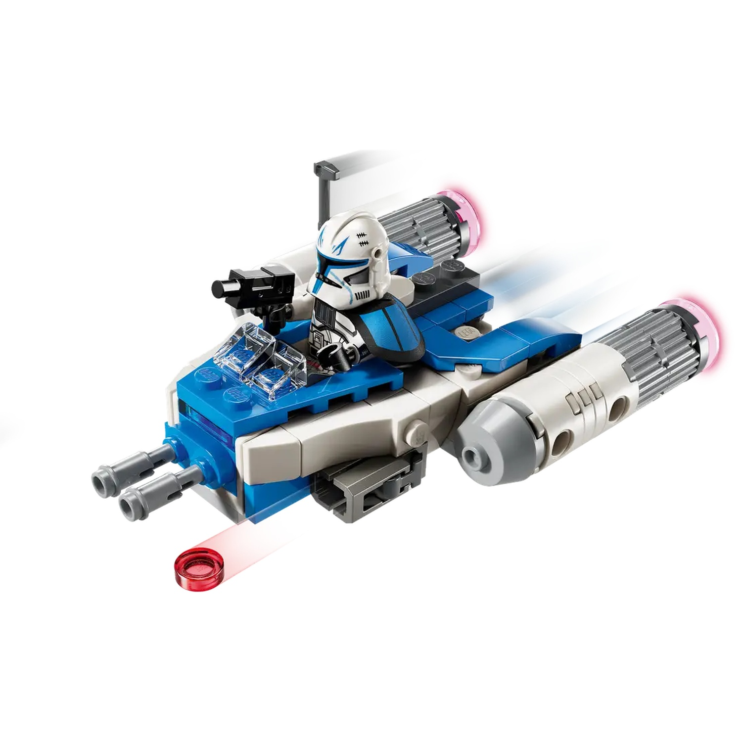 A blue and white Lego Star Wars ship with a pilot. The ship has two guns and two engines with pink lights.