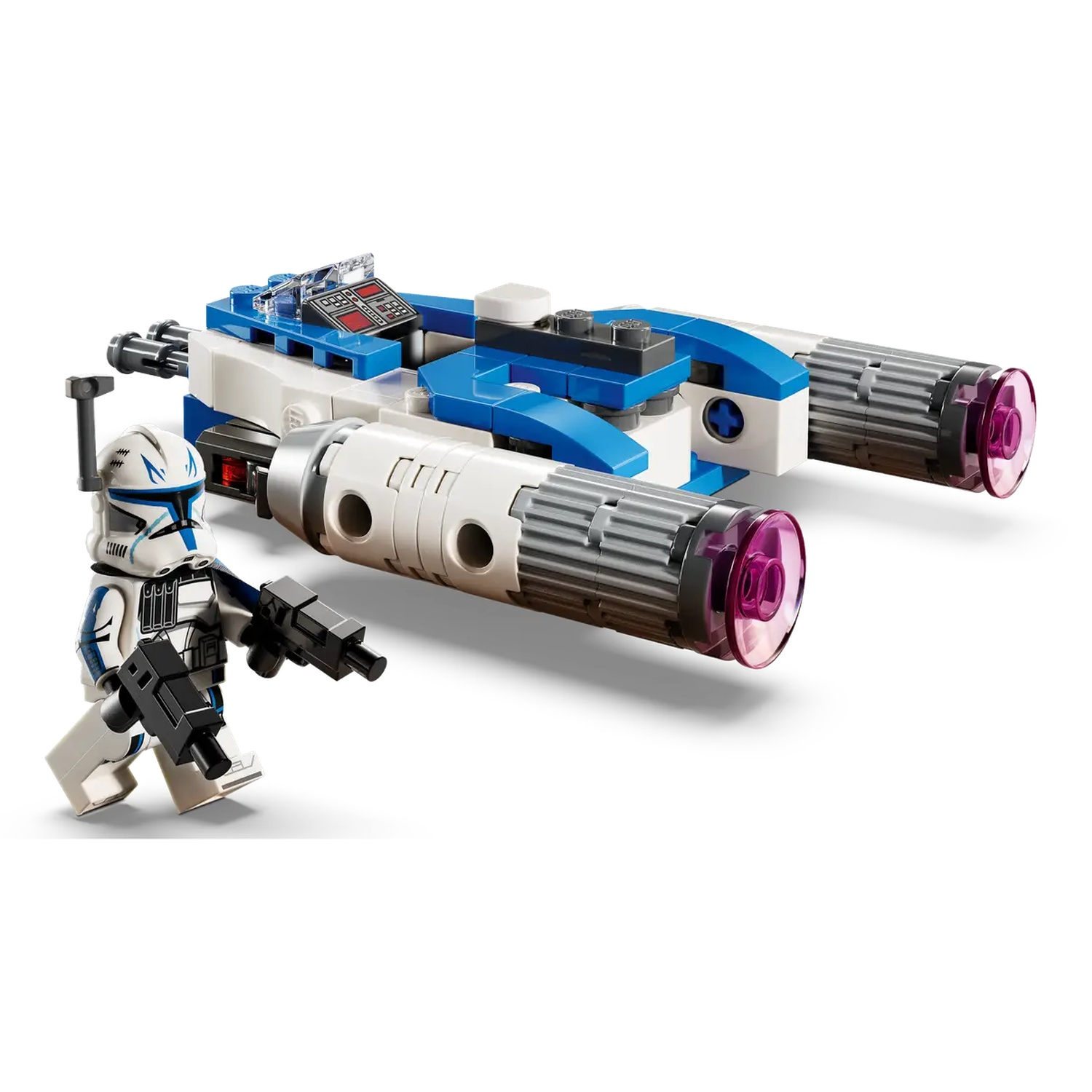 A Lego Star Wars set featuring a white and blue ship with a minifigure holding a black gun. The ship has two grey engines.
