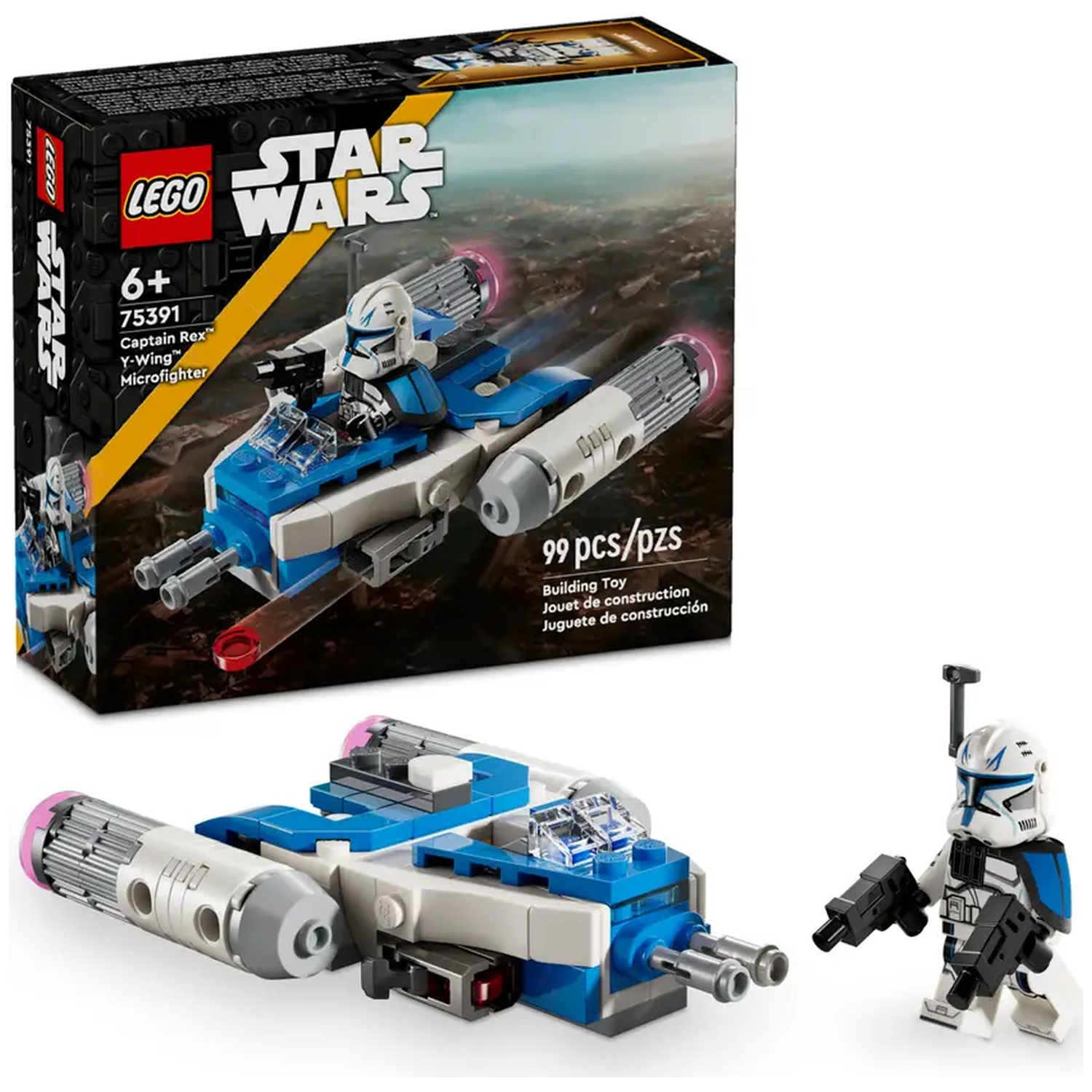 A Lego Star Wars set, Captain Rex Y-Wing Microfighter. Includes a model Y-Wing, a Captain Rex minifigure, and the set's packaging.