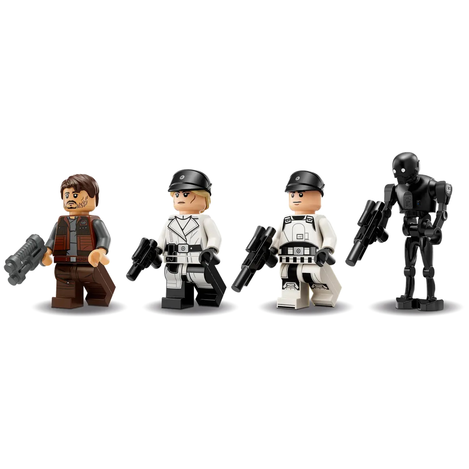 Four Lego figures from Star Wars. A man with a gun, two white clad soldiers, and a black robot with guns, all against white.