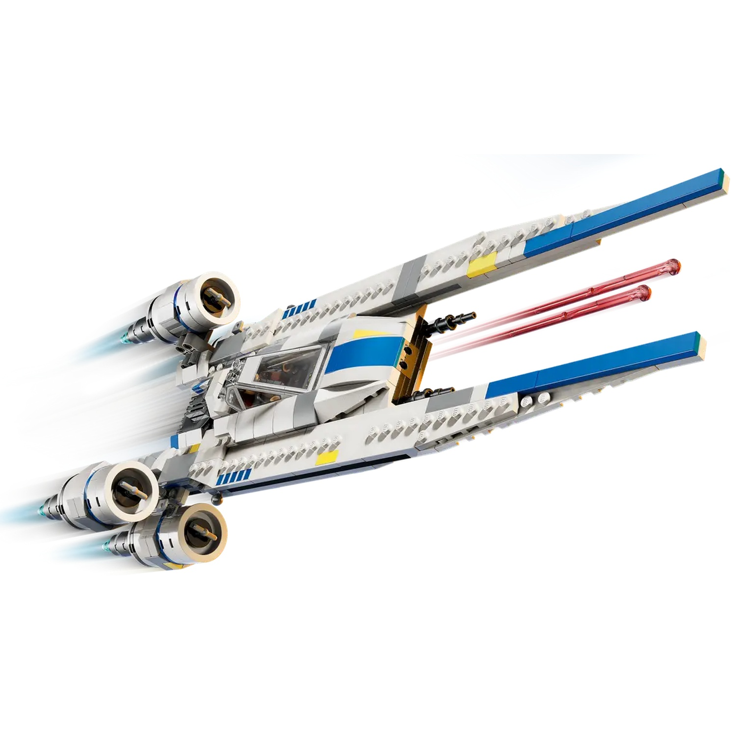 A Lego Star Wars ship, white and gray with blue and yellow accents, firing red laser beams. It's against a white backdrop.