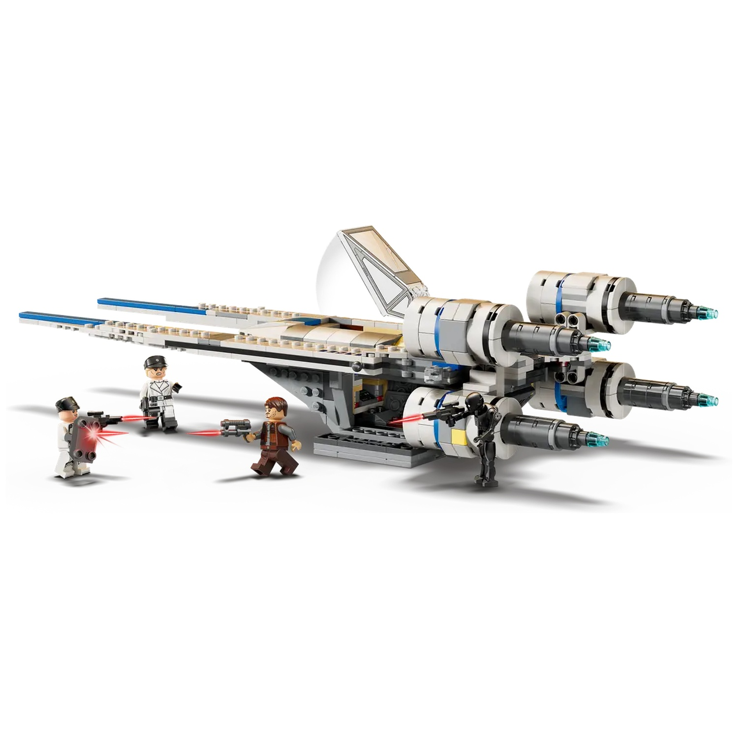 A Lego Star Wars set featuring a spaceship and minifigures. The ship is white, gray, and blue. Figures are engaged in a battle.