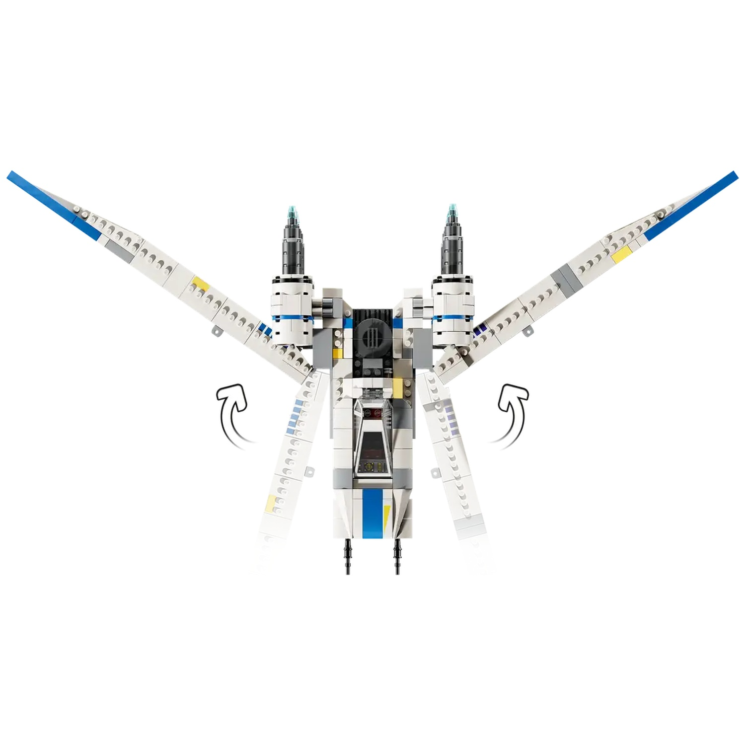 A white Lego starship with wings extended. The wings have blue and yellow accents. Two black towers sit atop the ship's body.