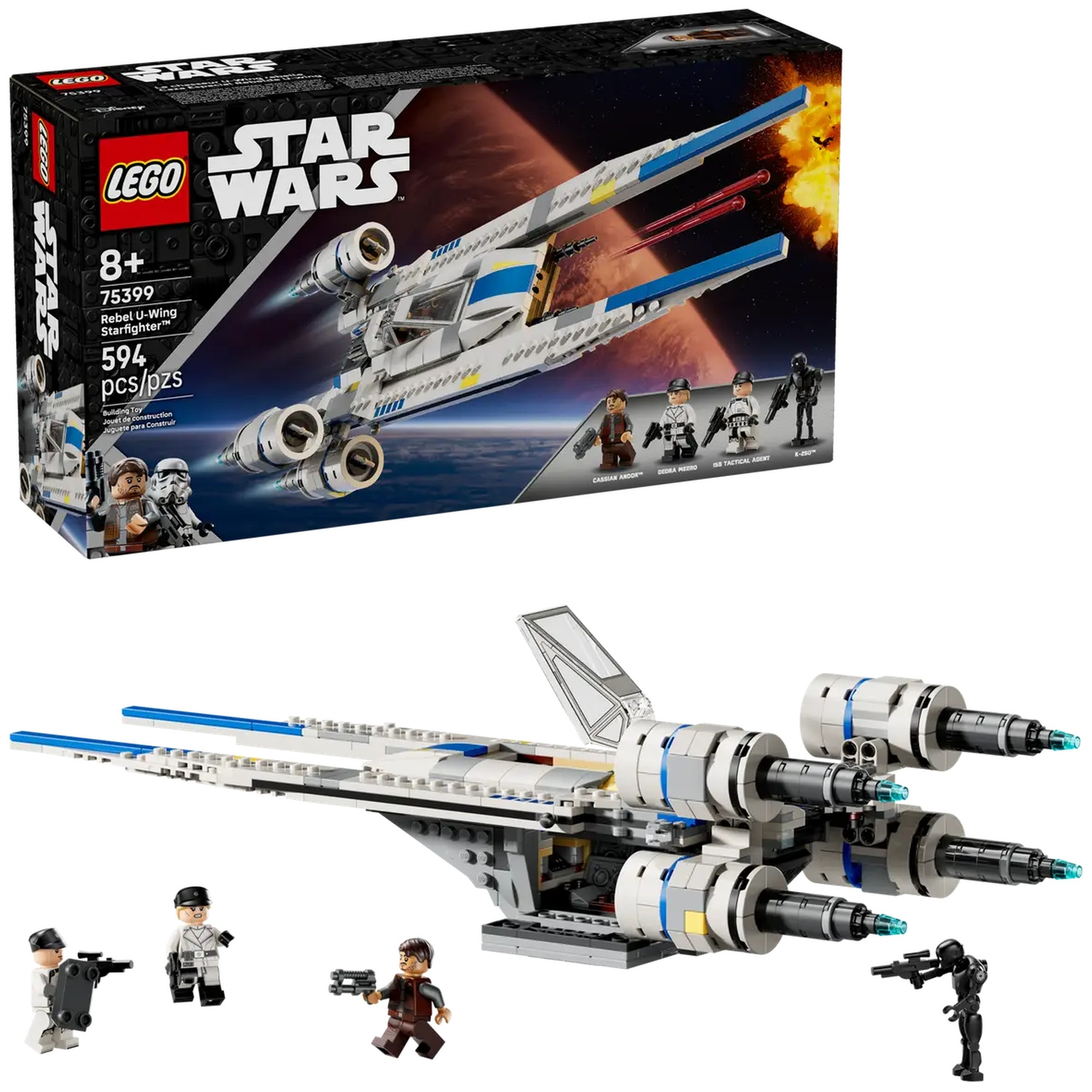 A Lego Star Wars set, U-Wing Starfighter, and minifigures, including Cassian Andor. The box shows the ship in space.