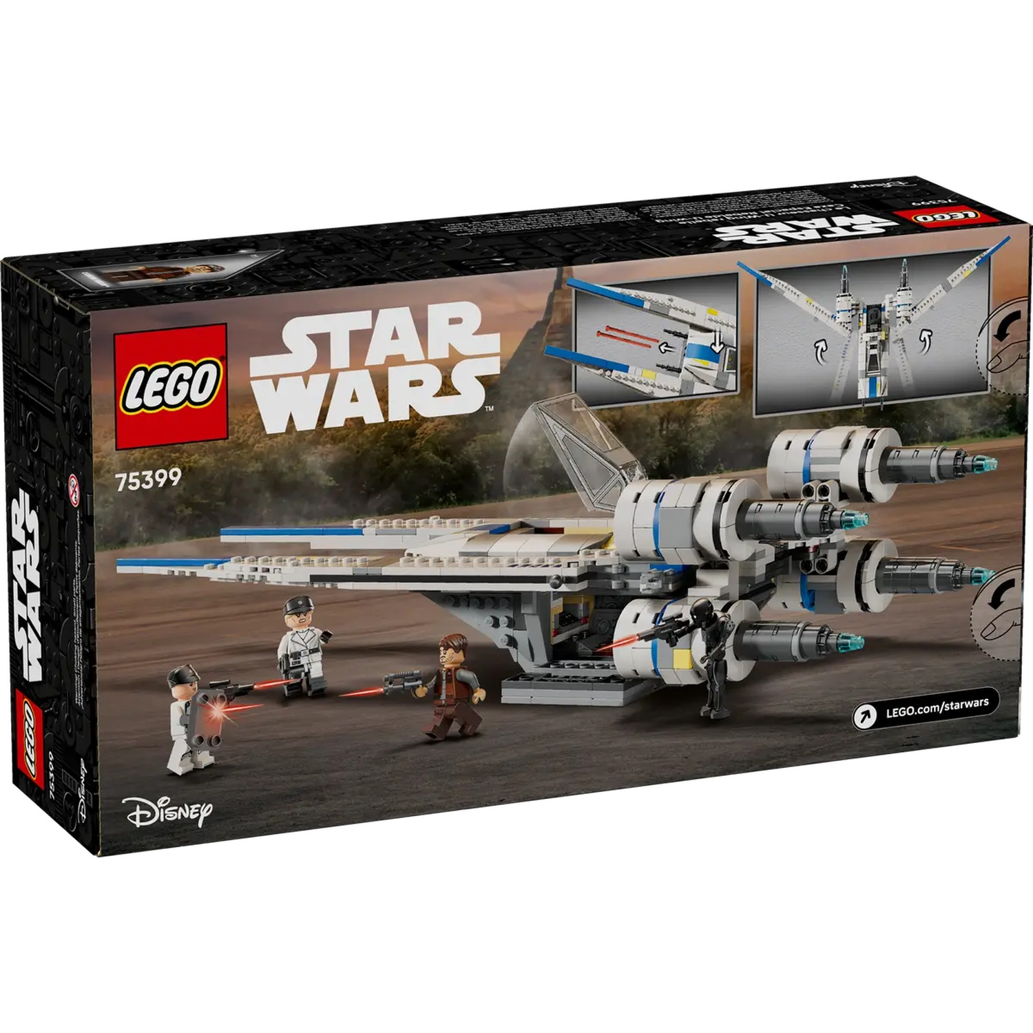 Lego Star Wars box. The image shows a lego model of a Star Wars X-wing fighter with minifigures firing laser guns.