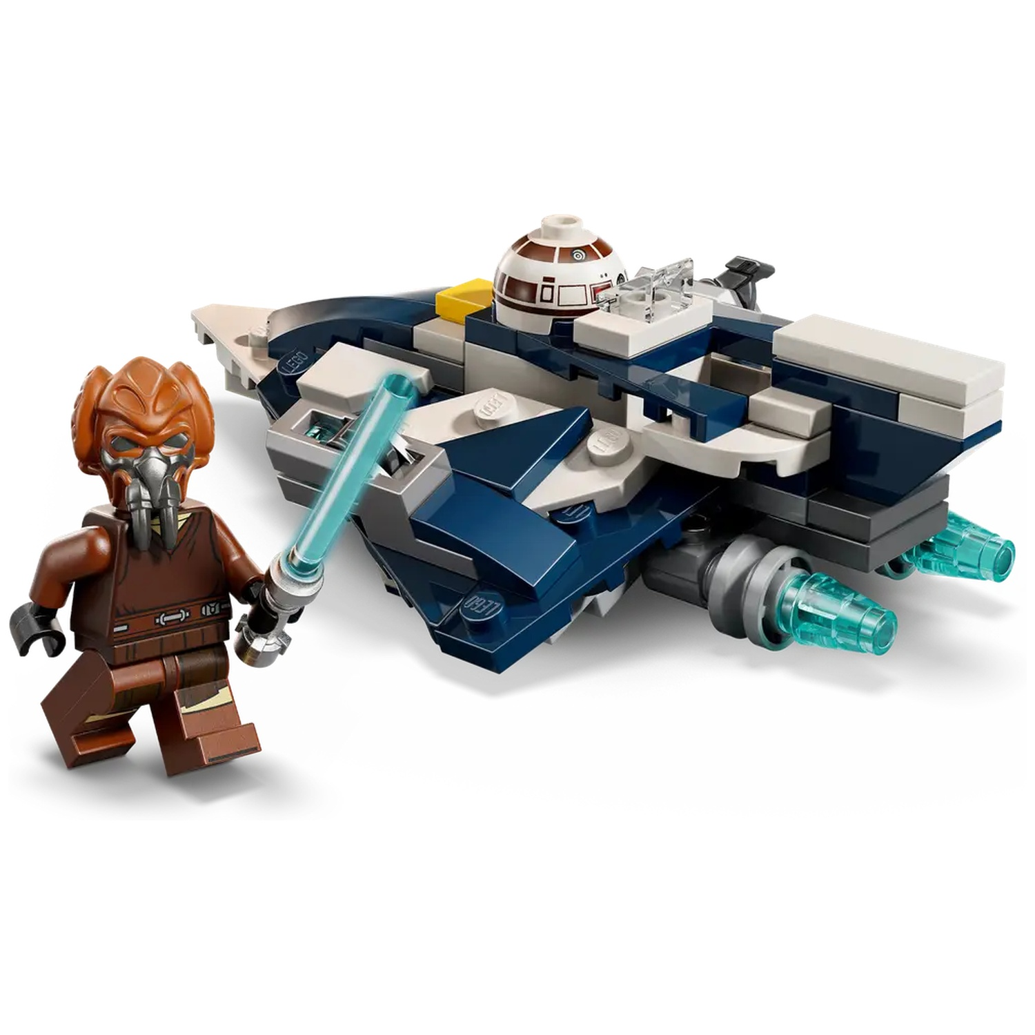 A Lego set featuring a Jedi figure with a lightsaber and a blue and white spaceship with a dome.