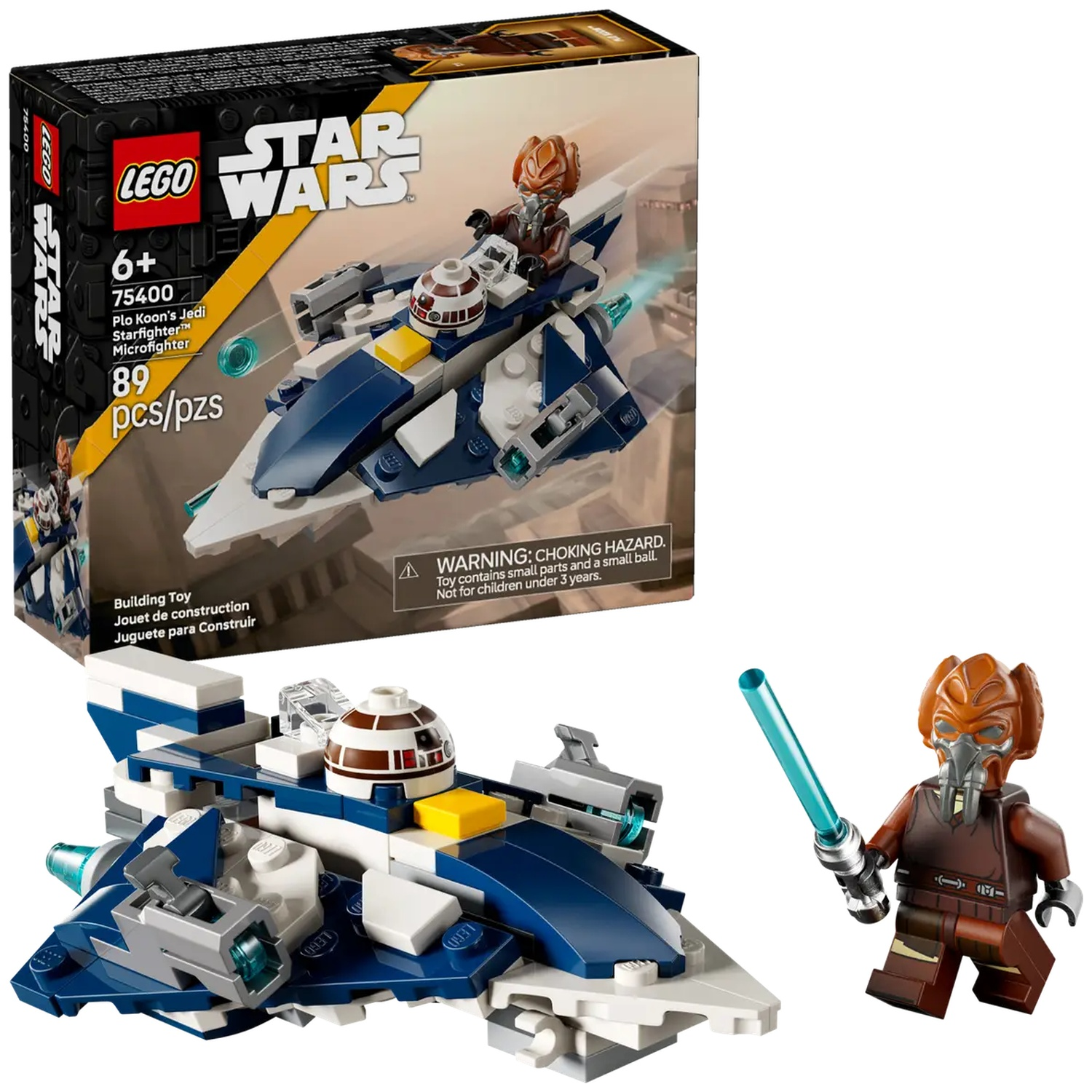 A Lego Star Wars set. It includes a blue and white starfighter, a Plo Koon figure, and the box with the set details.