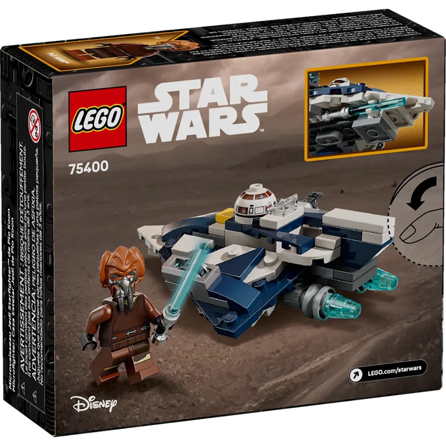 Lego Star Wars box. Features a Lego Jedi Starfighter with Plo Koon minifigure. The box is set against a brown, desert-like background.