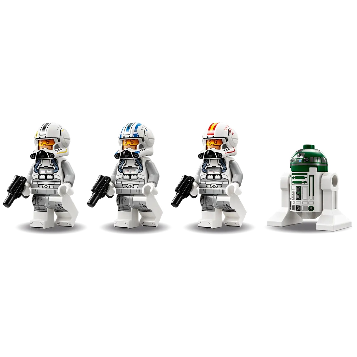 Four Lego Star Wars figures: three pilots with blasters and a white and green R2-D2 droid, all on a white background.