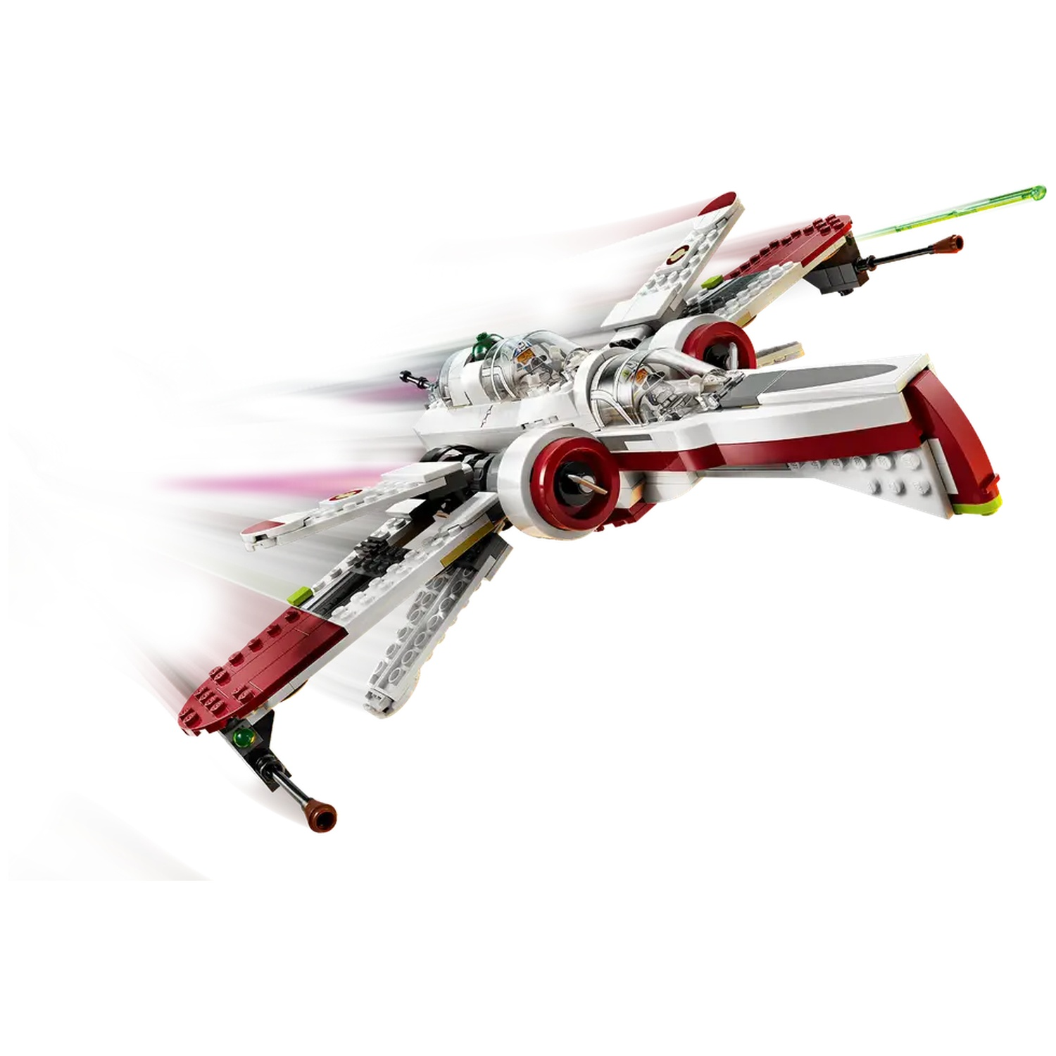 A white and red Lego Star Wars ship with motion blur. Features include wings, blasters, and a transparent cockpit.