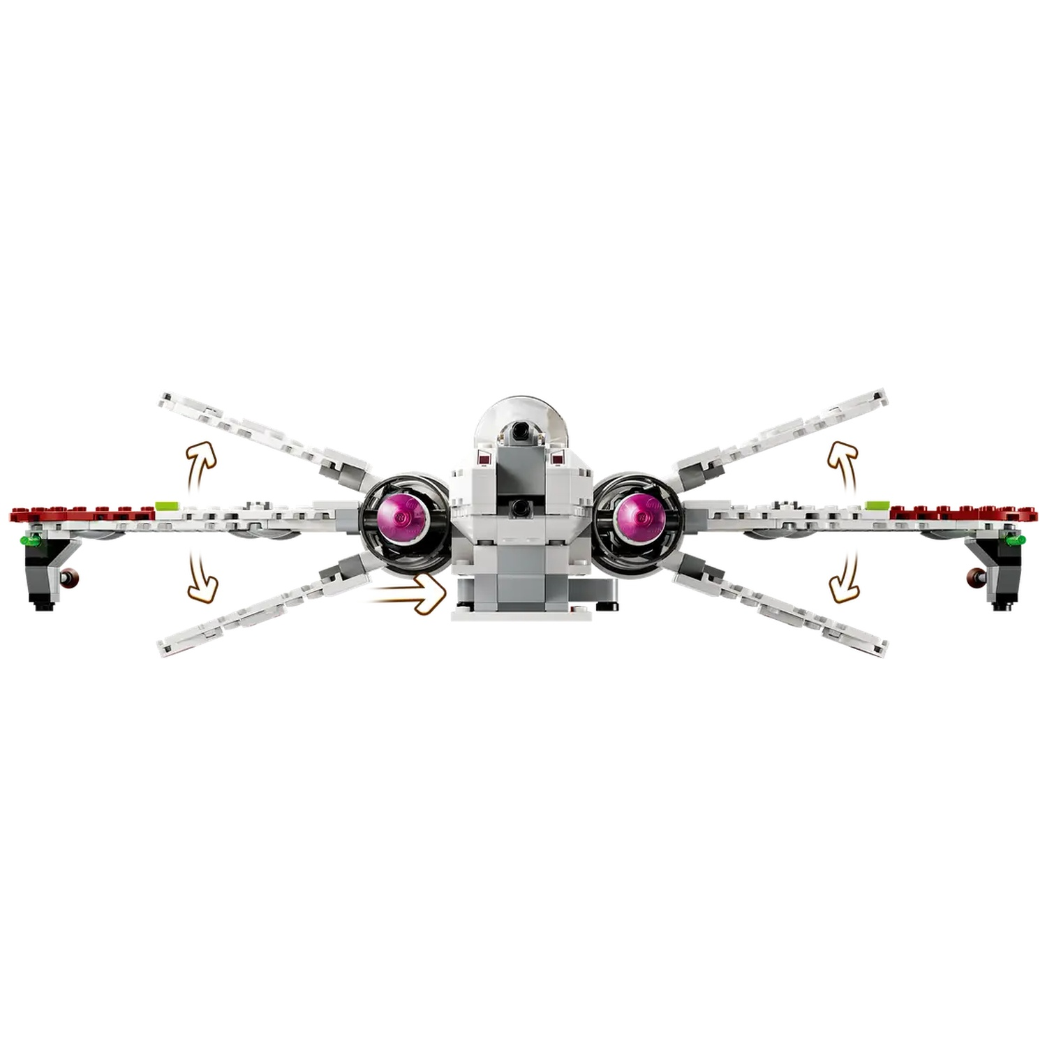 A white Lego X-wing fighter with purple engines and red wing details, set against a white background.