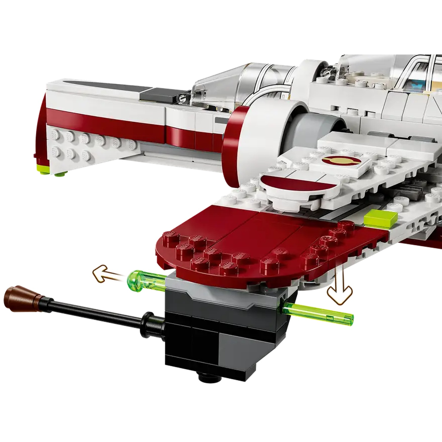 A Lego Star Wars ship. It has red and white wings. A black gun is attached to the side. Arrows indicate the action.