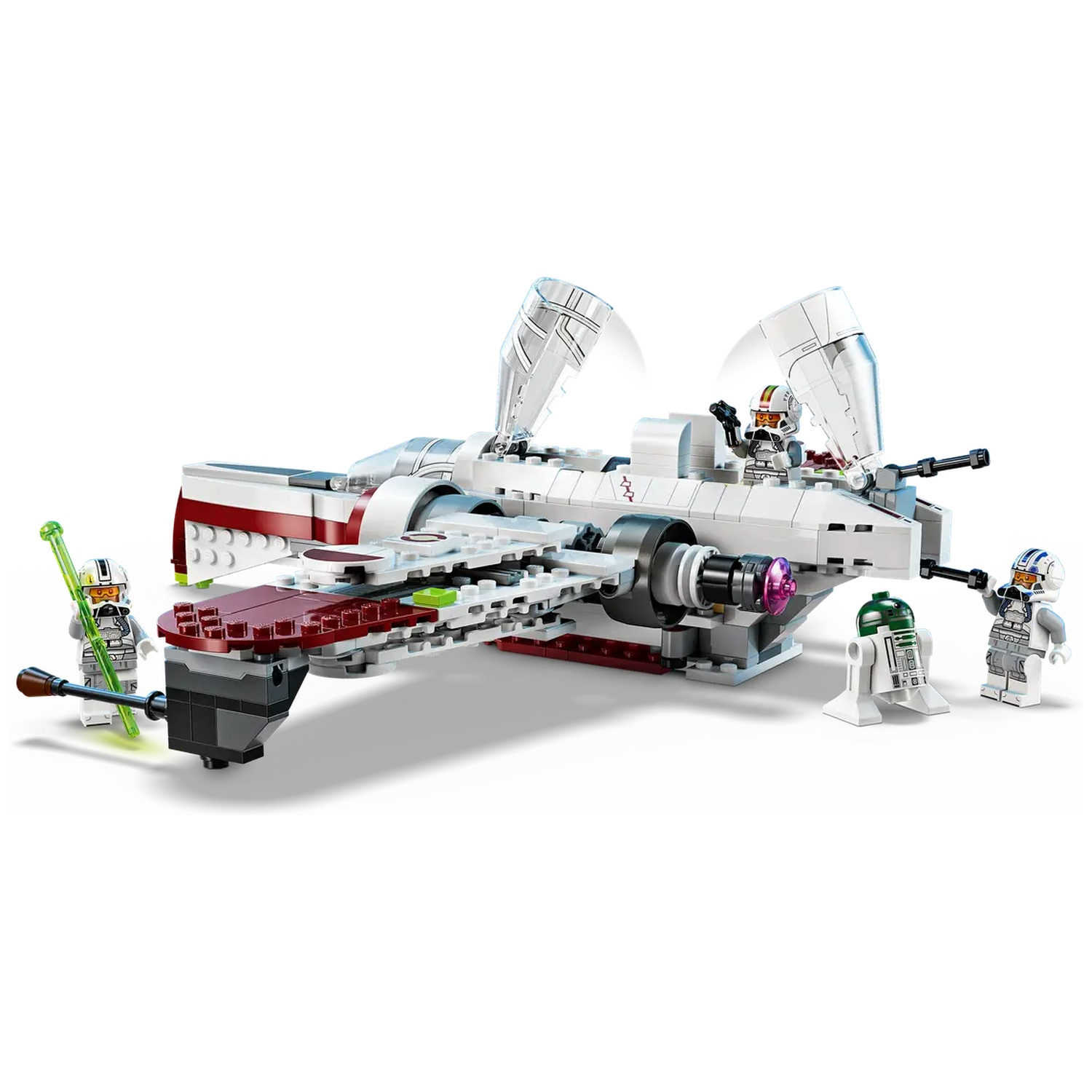 A white and red Lego Star Wars fighter with minifigures and a droid, set against a white background.
