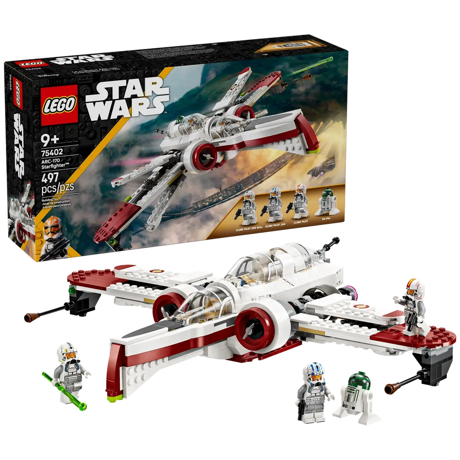 A Lego Star Wars set features a white and red ARC-170 Starfighter. Minifigures include pilots and a droid, with the box in the background.