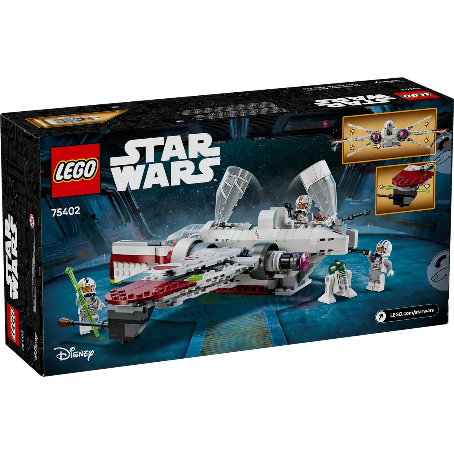 A Lego Star Wars set box. It shows a white and red starfighter with minifigures and a green lightsaber. The box has the Lego and Star Wars logos.