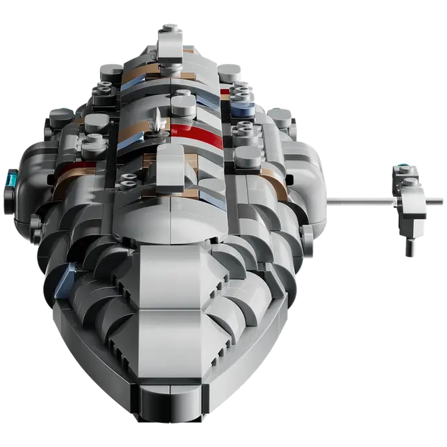 A gray Lego spaceship with a detailed design. Features a red stripe, various gray and blue accents. A small side structure is visible.