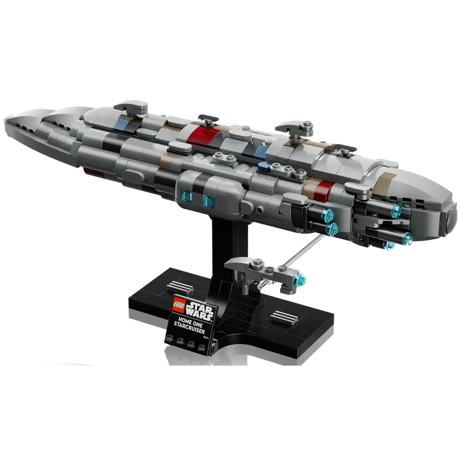 A Lego Star Wars Home One Star Cruiser model. The ship is gray with red and blue accents, mounted on a black stand.