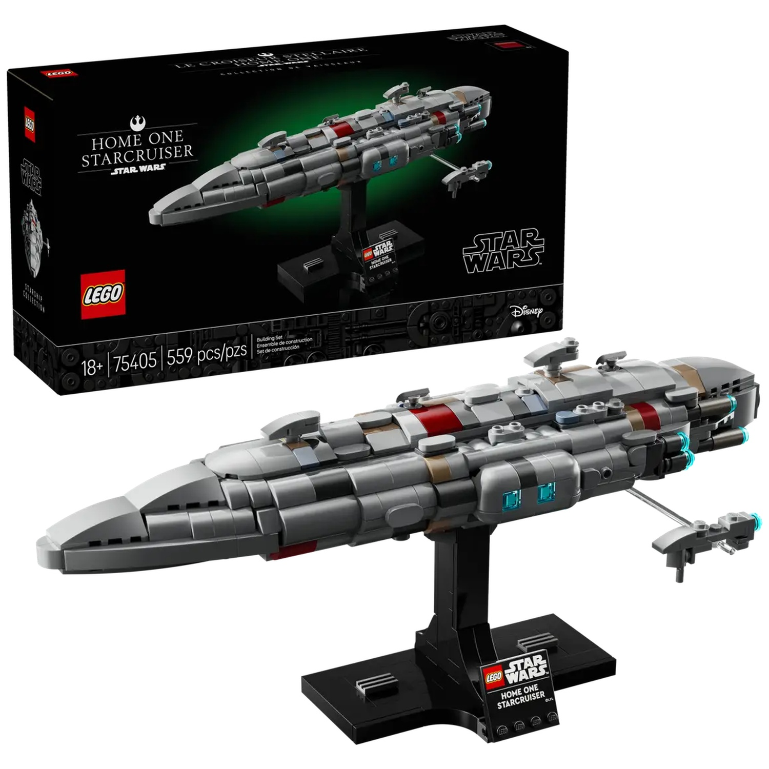 A Lego Star Wars Home One Star Cruiser set. The model is gray with red accents, displayed on a black stand, next to its box.