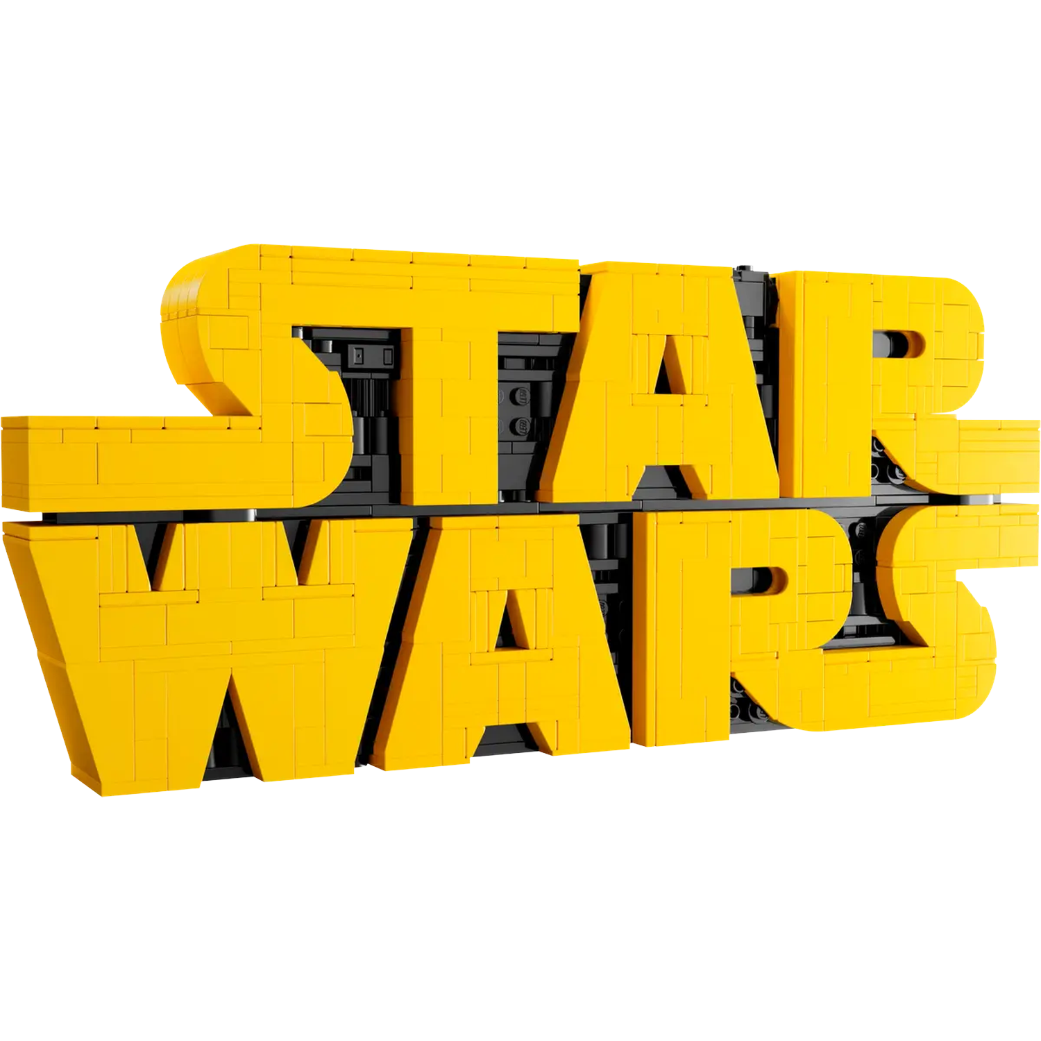 De woorden "STAR WARS" zijn geschreven in gele Lego-stenen op een zwarte achtergrond. De achtergrond is ook gemaakt van Lego-stenen.