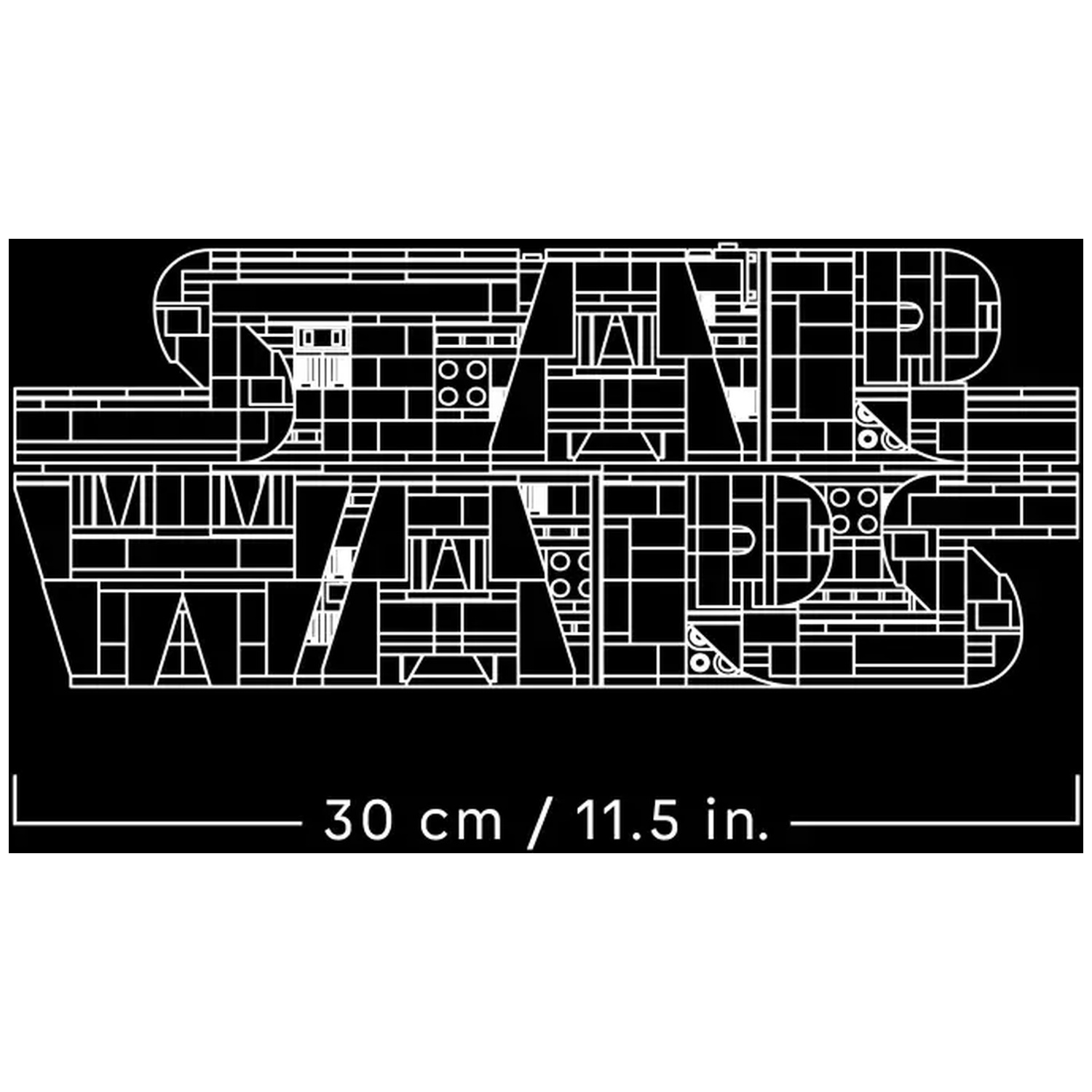 Het Star Wars-logo in wit, geometrisch ontwerp, op zwarte achtergrond. Onderaan een schaal in cm en inches.