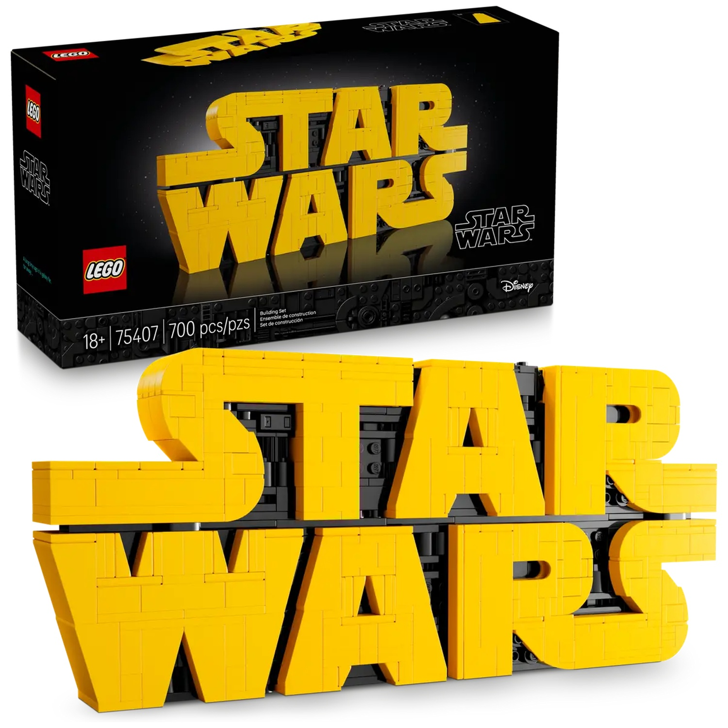 Een LEGO Star Wars set. Het logo is geel en zwart. De doos is zwart. De woorden STAR WARS staan in grote gele letters.