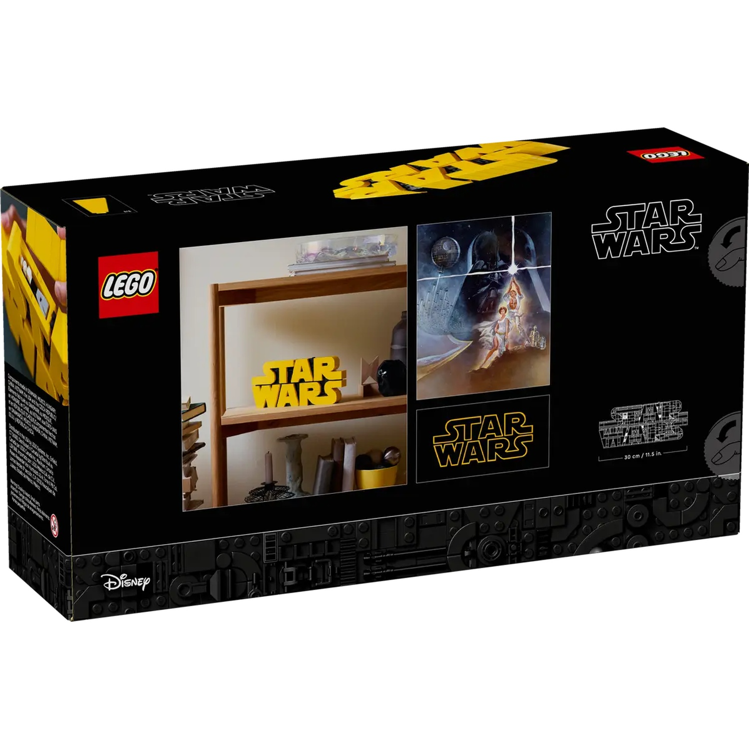 Een zwarte LEGO Star Wars doos met afbeeldingen van personages en het Star Wars logo. De LEGO- en Disney-logo's zijn zichtbaar.