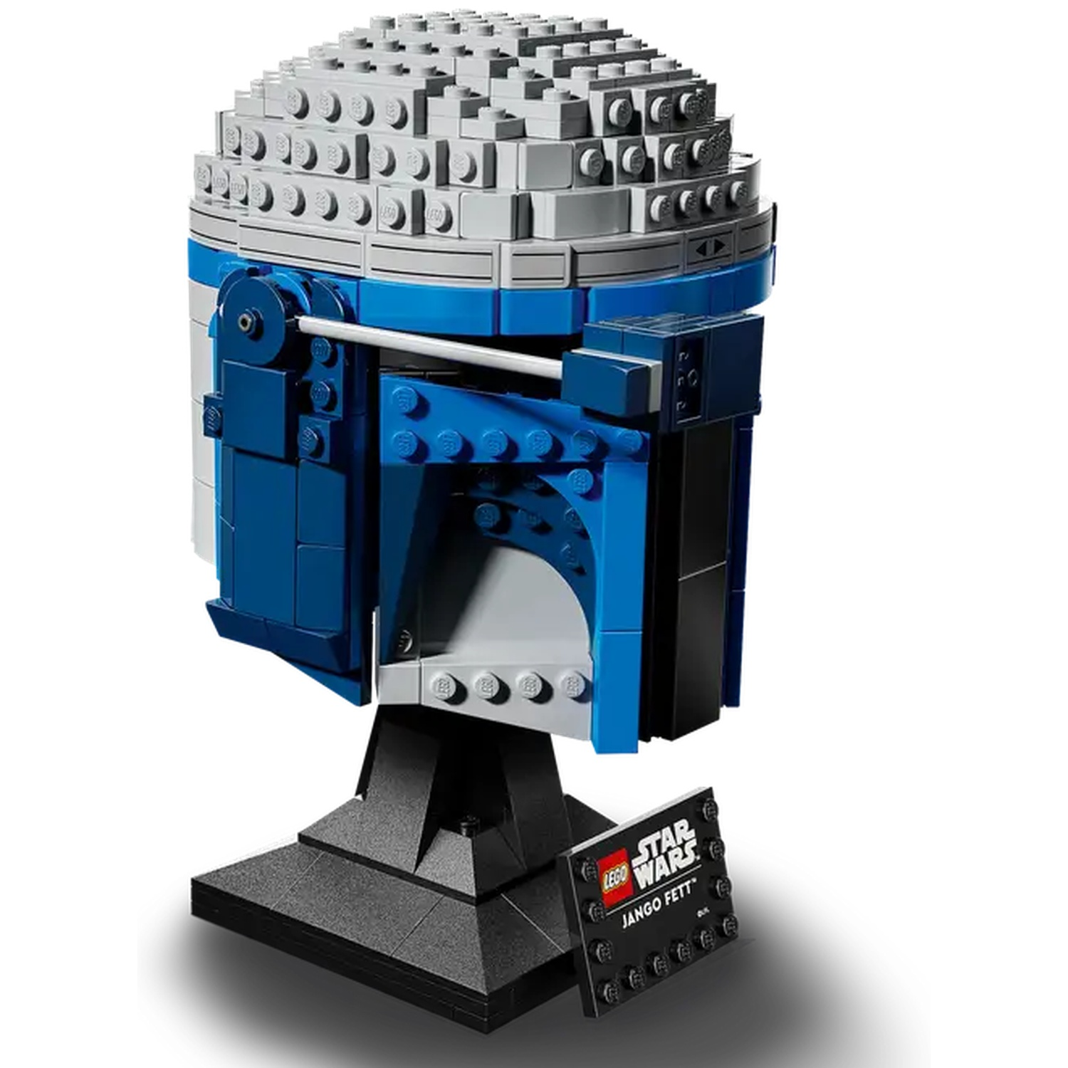 A Lego Jango Fett helmet. It's blue, gray, and white, with a black stand and a Star Wars nameplate.