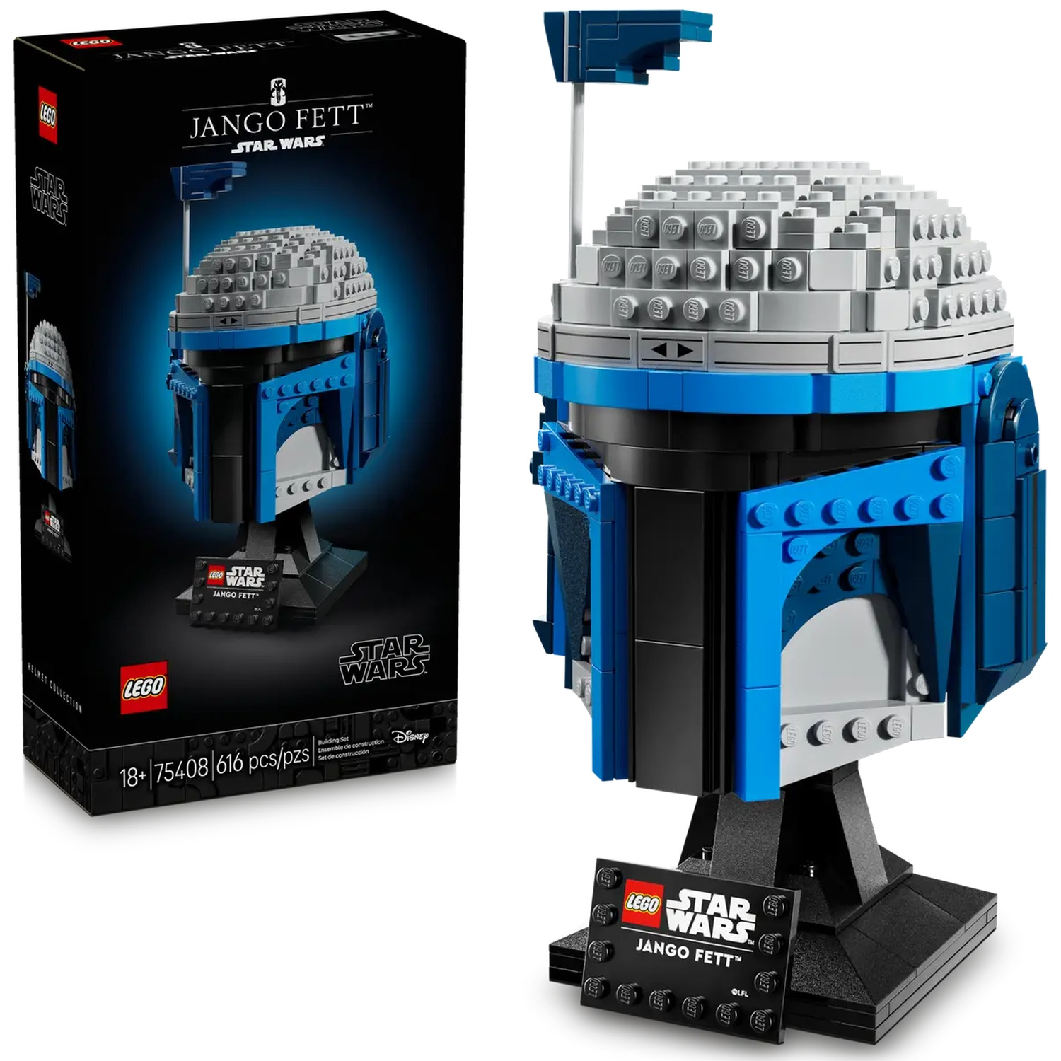 A Lego Star Wars Jango Fett helmet set is displayed. The helmet is blue, gray, and black, and sits on a black stand. A box is on the left.