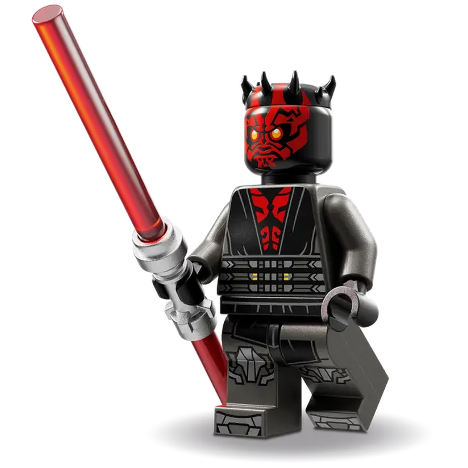 Lego-figuur van Darth Maul met een rood lichtzwaard. De figuur heeft een zwart hoofd met rode markeringen en horens. Hij draagt zwarte bepantsering.