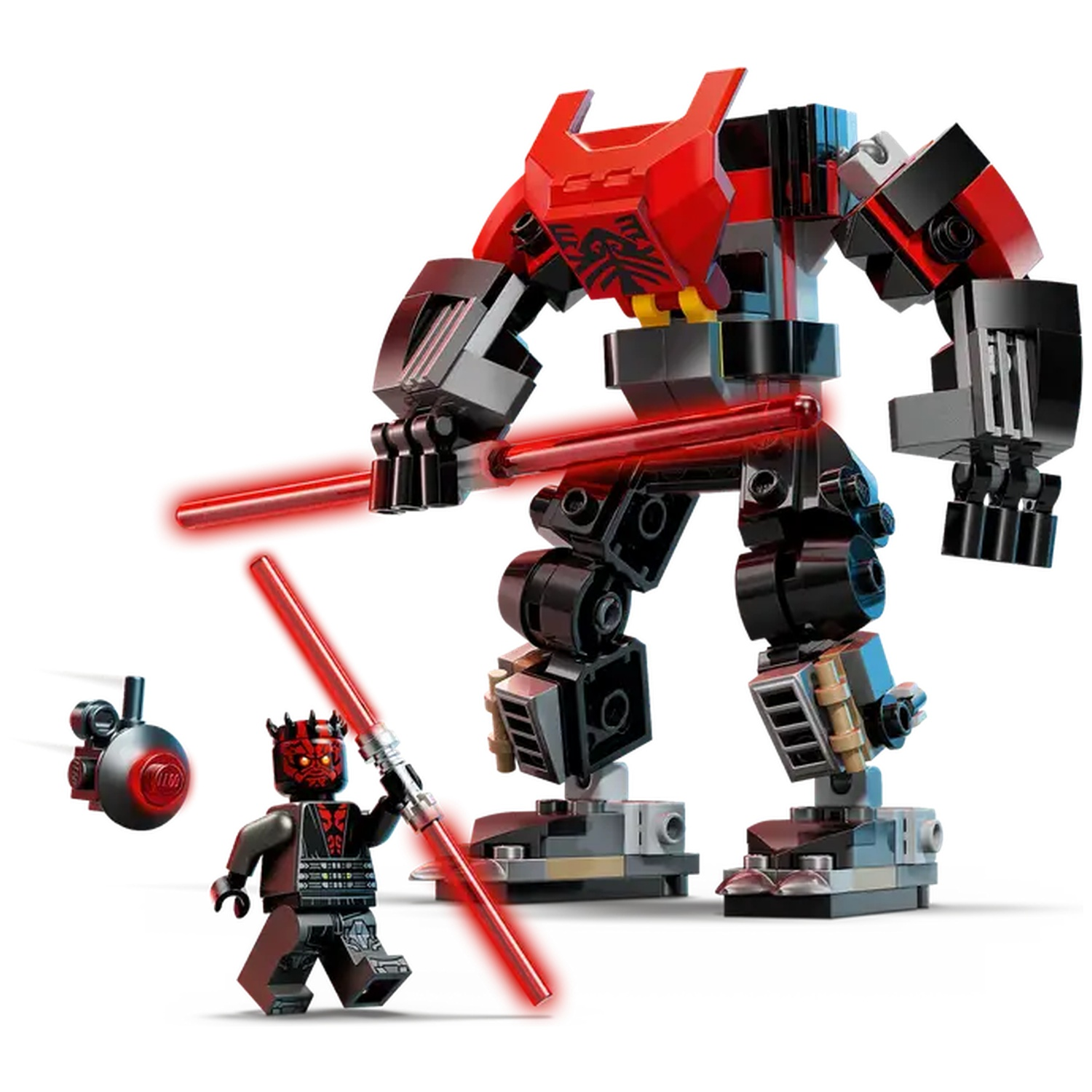 Lego set met een rode en zwarte robot, Darth Maul minifiguur en een klein voertuig. De robot heeft een rood lichtzwaard.