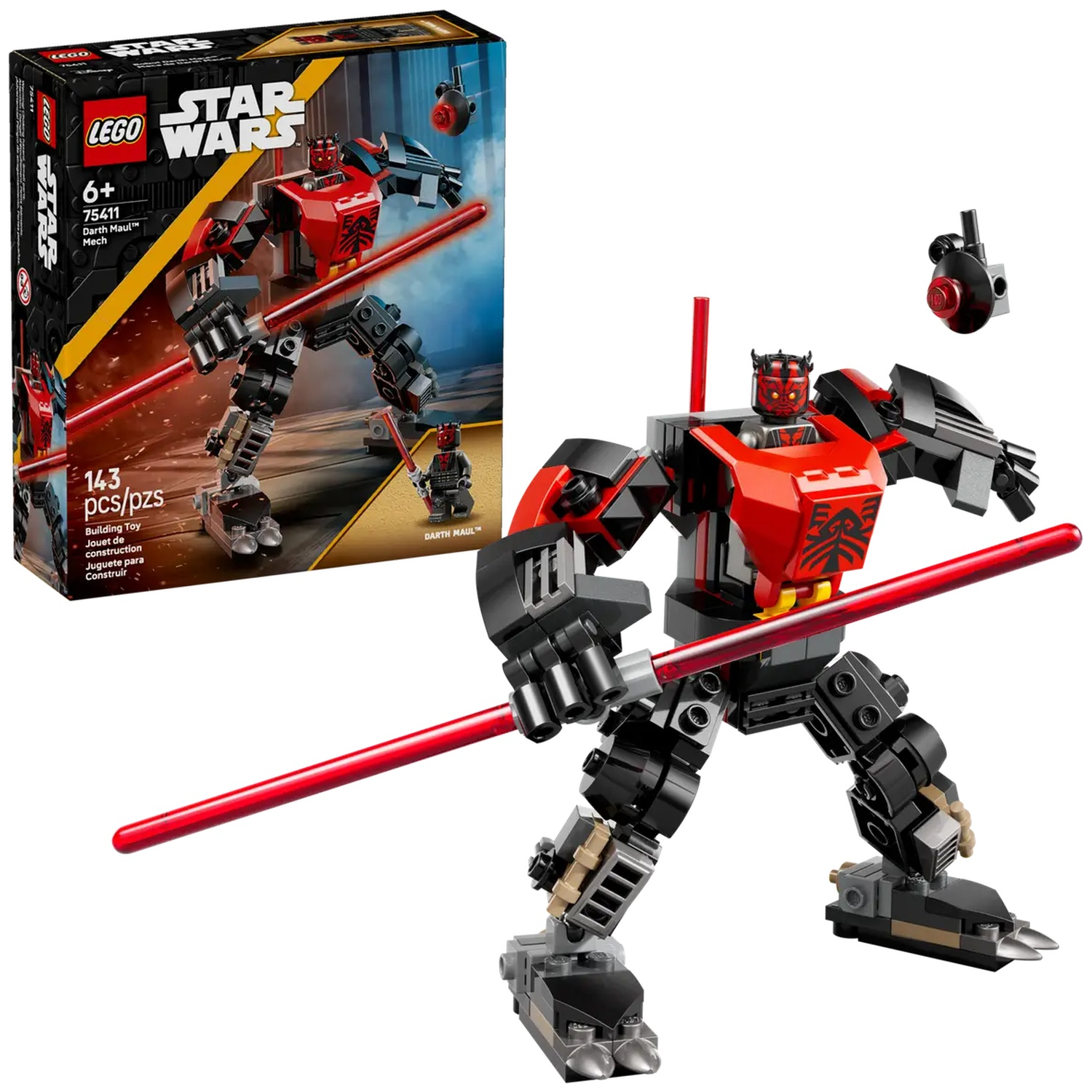 Lego Star Wars Darth Maul mech. Rode en zwarte robot met rood lichtzwaard. Doos toont de mech en een klein figuur.