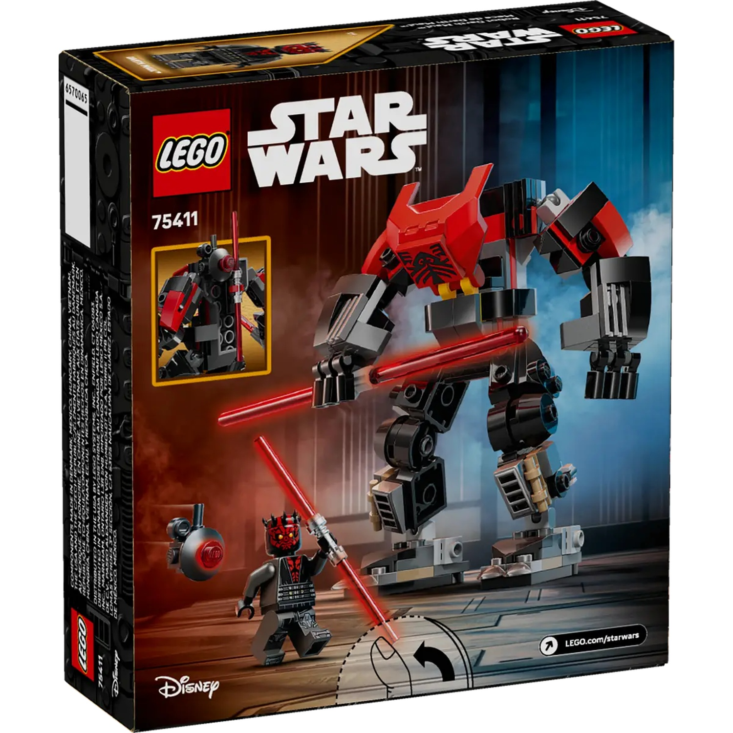 Lego Star Wars doos. Darth Maul figuur en mech. Rood en zwart kleurenschema. Inclusief lichtzwaarden. Disney logo.