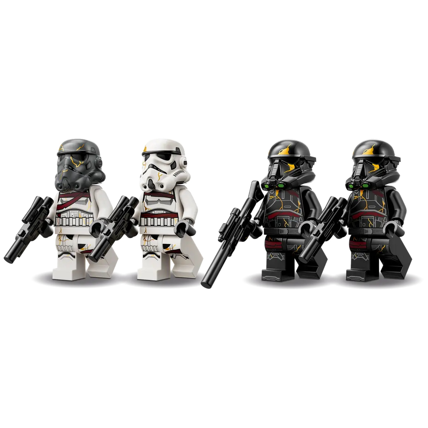 Four Lego Star Wars figurines. Two white Stormtroopers and two black Death Troopers, all holding guns against a white background.