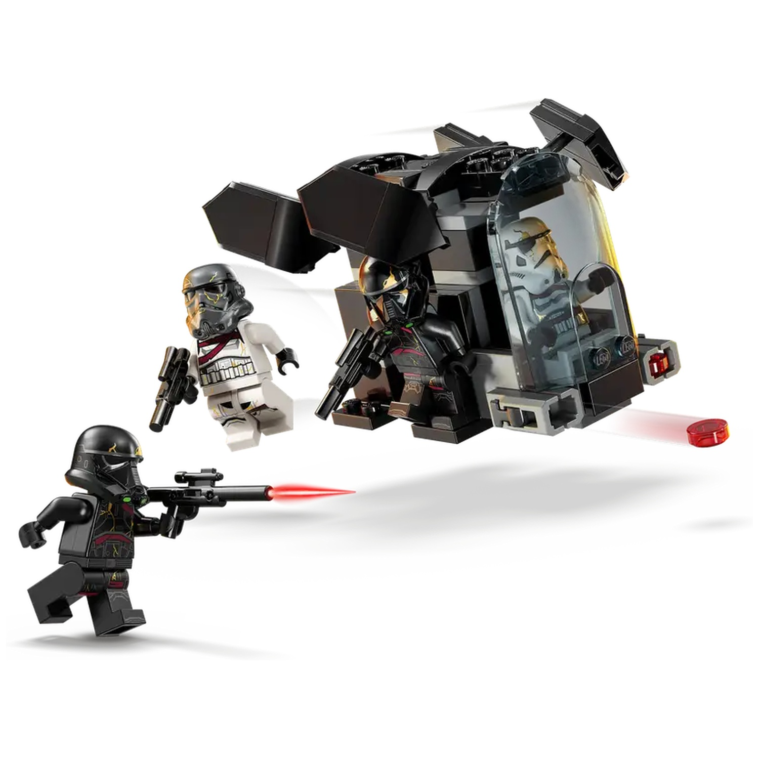 Lego set with black vehicle and minifigures. One figure shoots a red beam. Others are in the vehicle and standing.