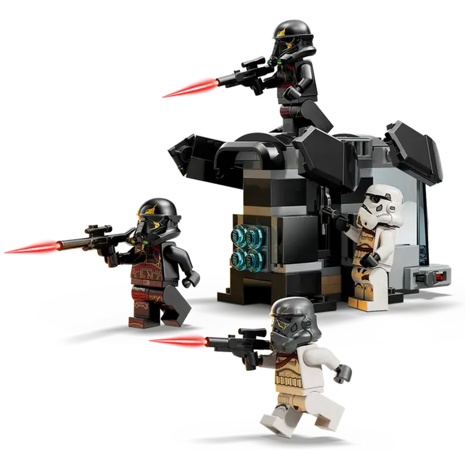 Lego Star Wars set. Four minifigures with blasters, shooting red lasers. A black structure in the background.