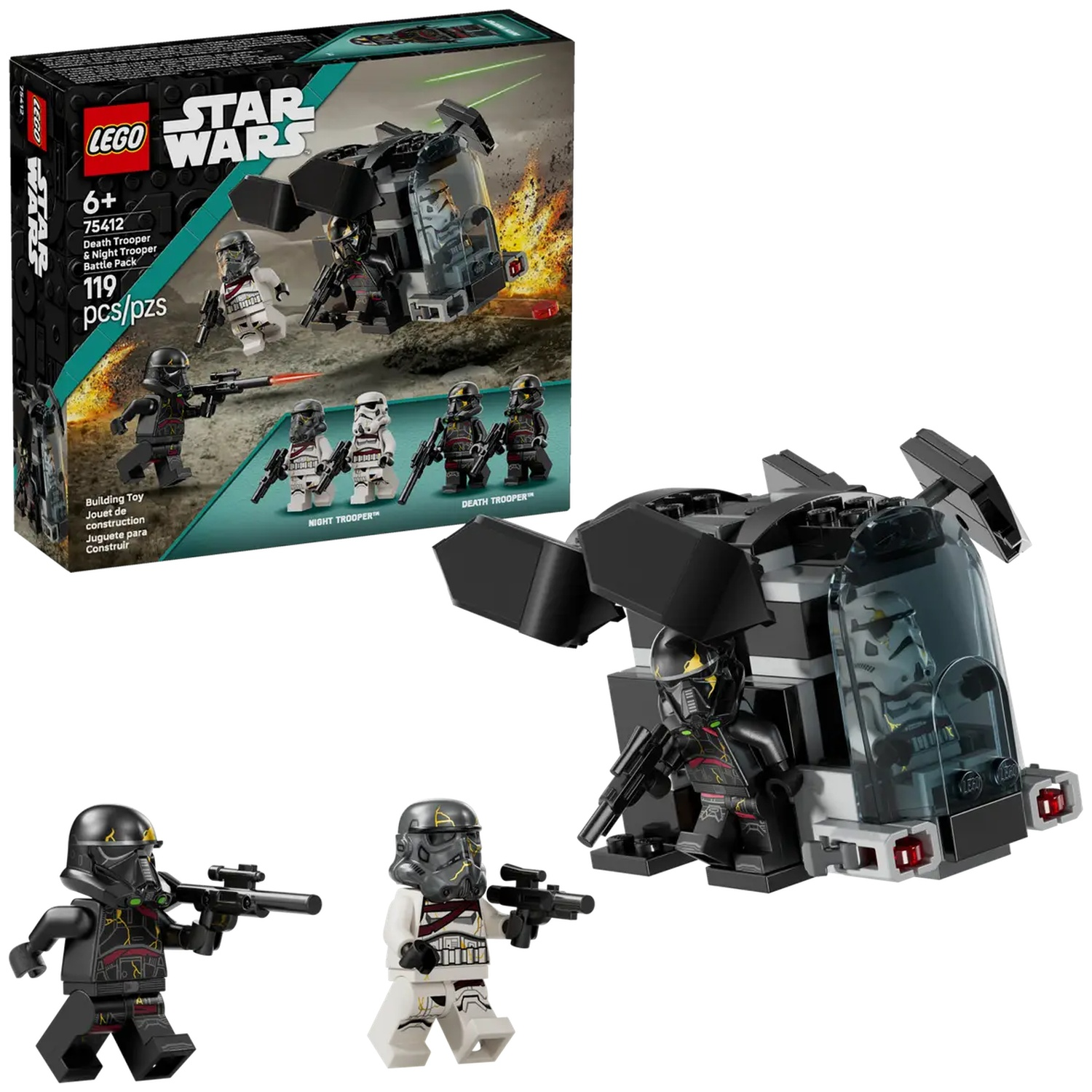 A Lego Star Wars set features Death Troopers, Night Troopers, and a black vehicle. The box shows the set, figures, and vehicle.