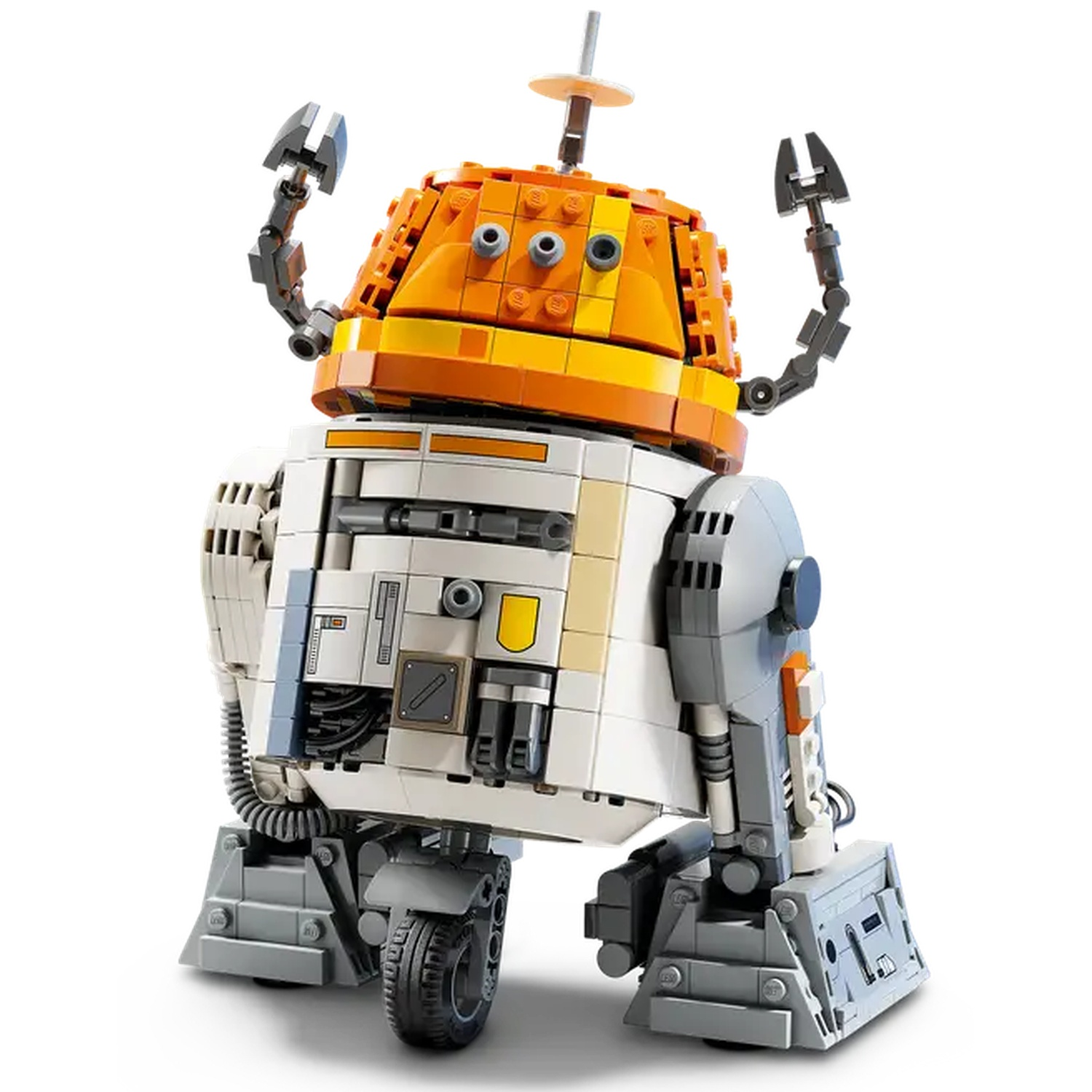 A LEGO droid with an orange head and white body. It has two arms, a central antenna, and a single front wheel. The background is white.
