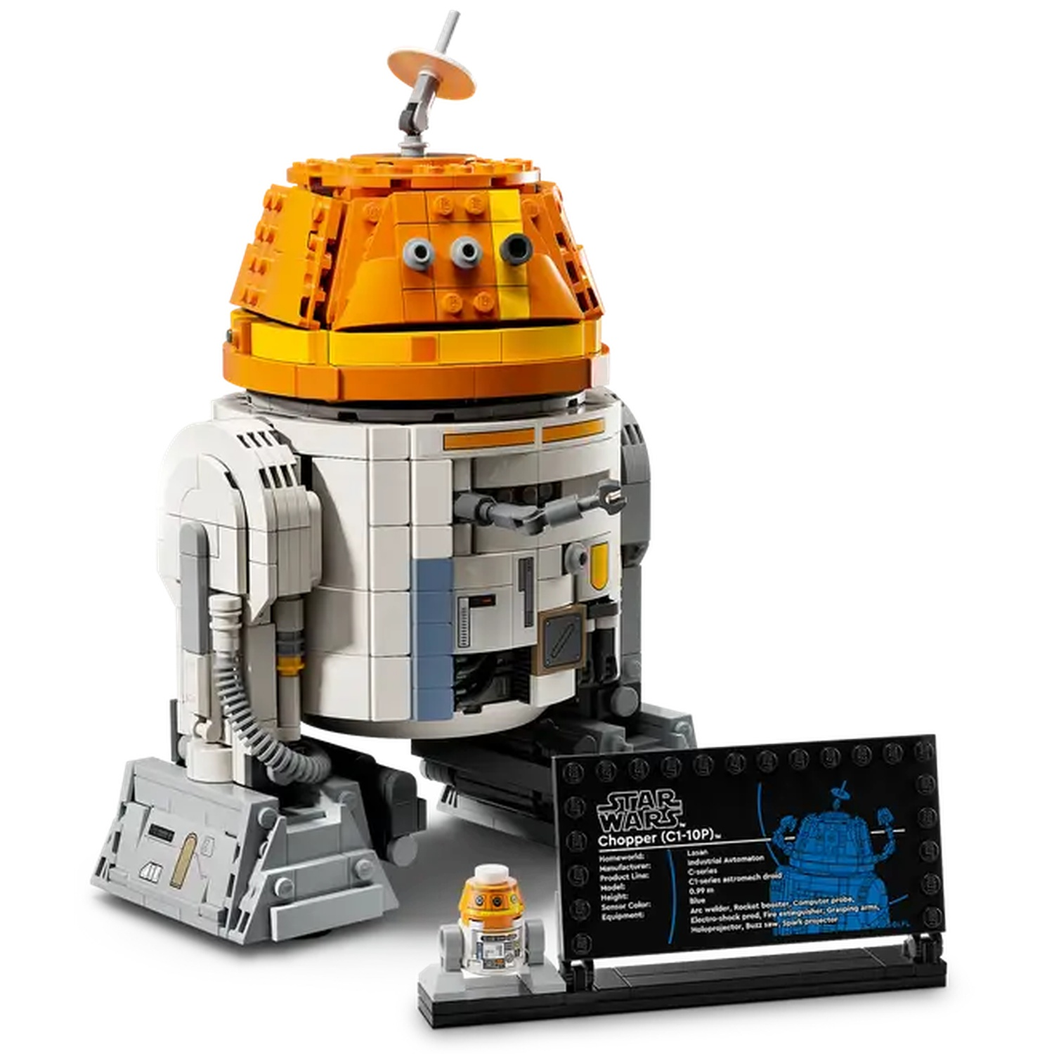 A Lego Star Wars Chopper (C1-10P) droid. It is orange and white with a small display and a miniature droid model.