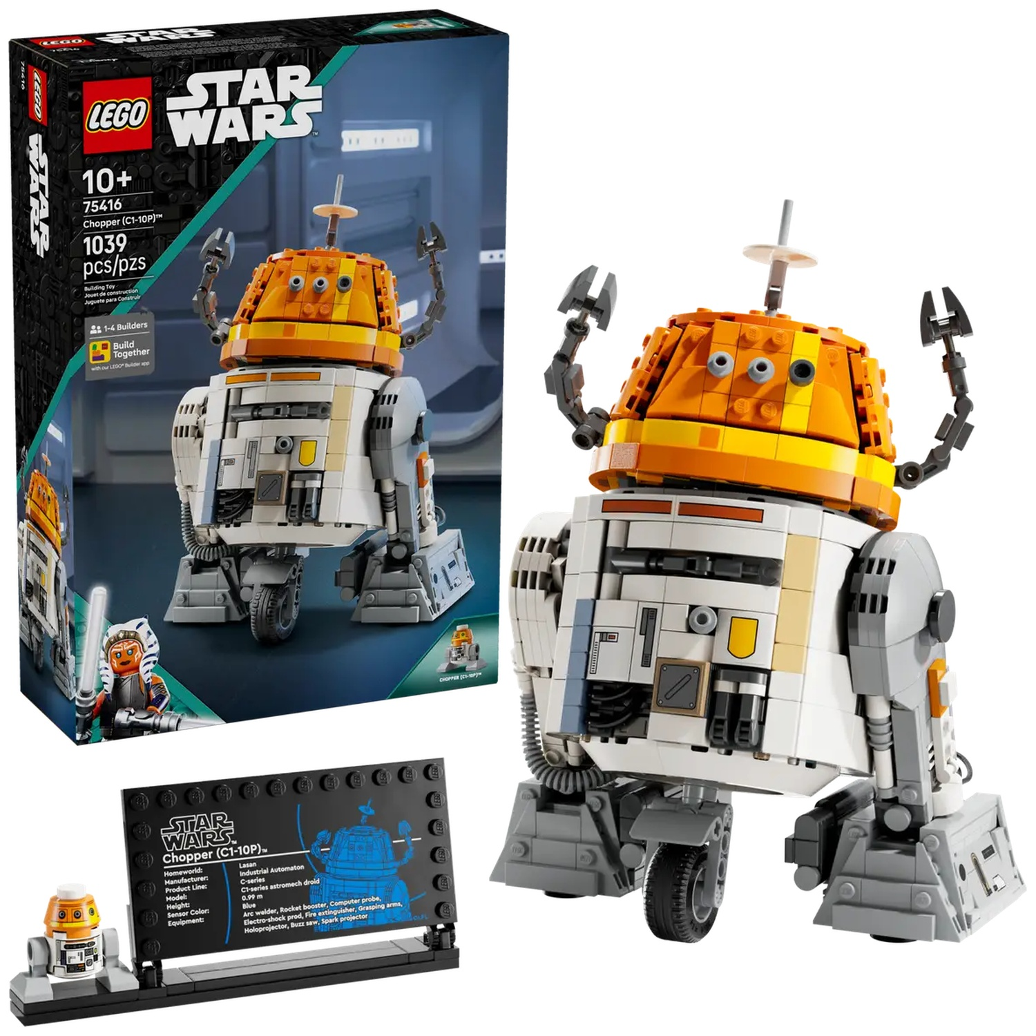 Lego Star Wars Chopper model. It's orange and white, with arms raised. A box and a display card are also visible.