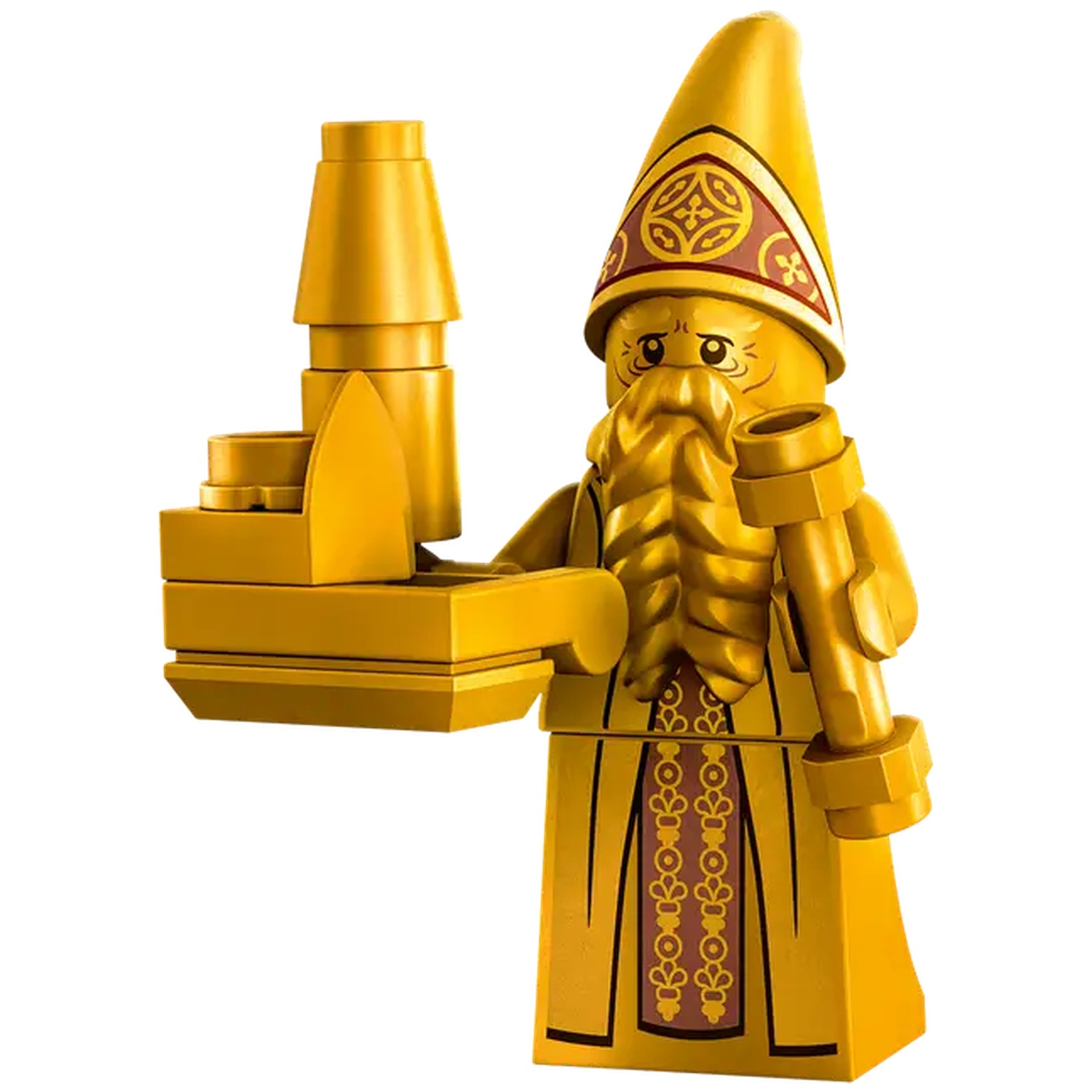 Een Lego figuur van een gouden tovenaar met een gouden voorwerp. Hij heeft een lange baard en een hoge hoed. De achtergrond is wit.