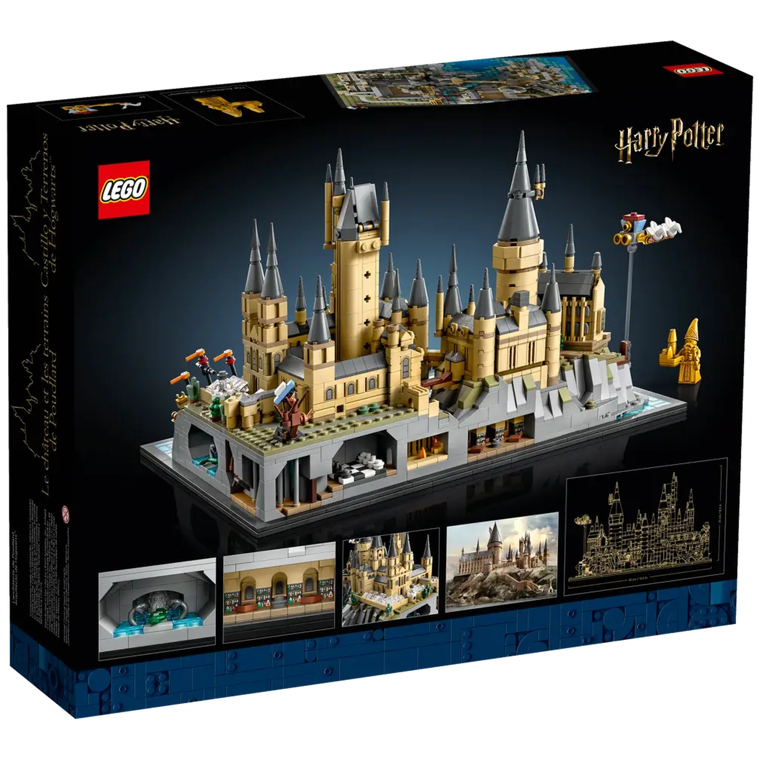 Een Lego set van kasteel Hogwarts. De doos toont het kasteelmodel, details van de structuur en het Harry Potter logo.
