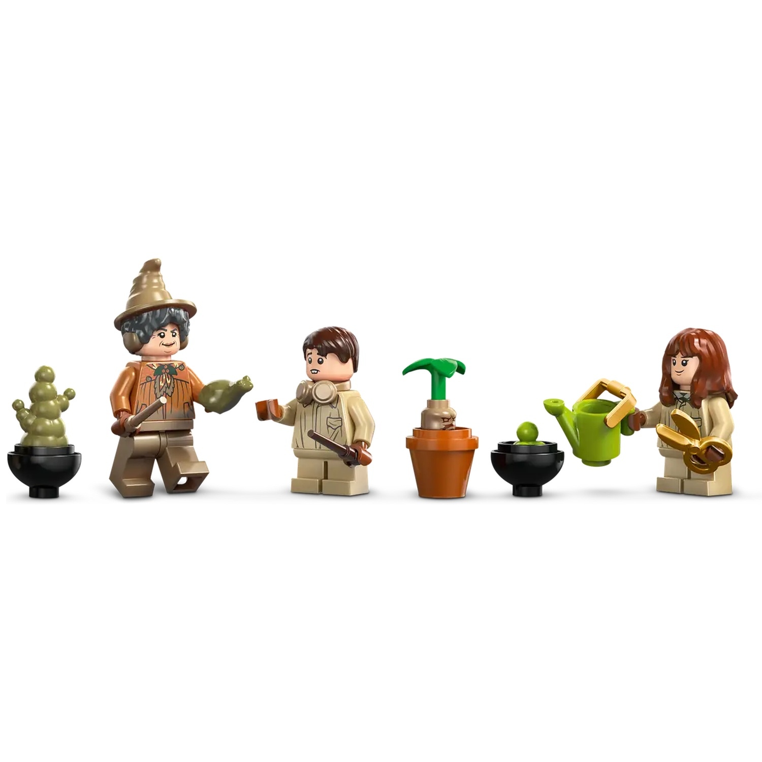 Lego figures with plants: A woman in a hat, a boy with a wand, a plant in a pot, a black bowl, and a girl watering a plant.