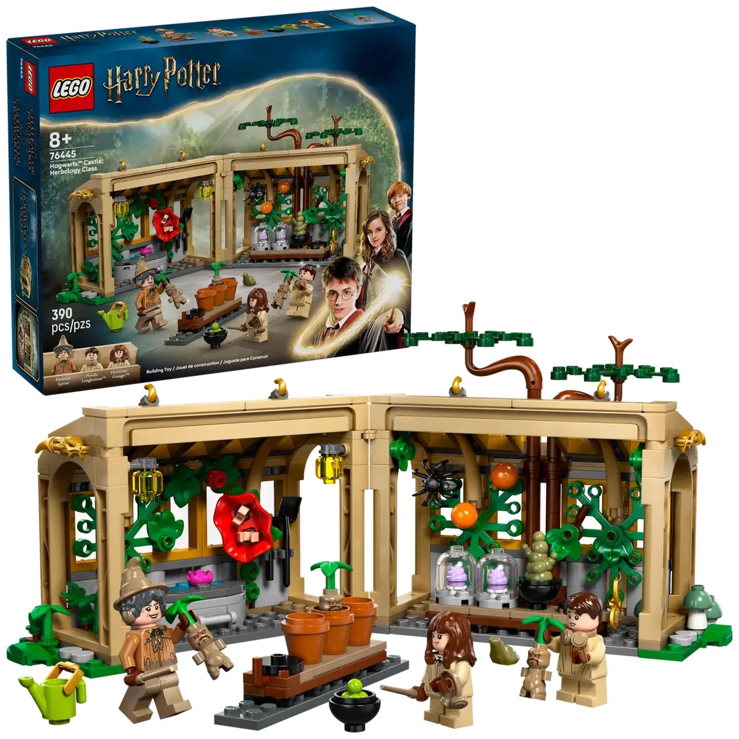LEGO Harry Potter set. Features greenhouse with figures, plants, and characters from the series. A box is on the top left.