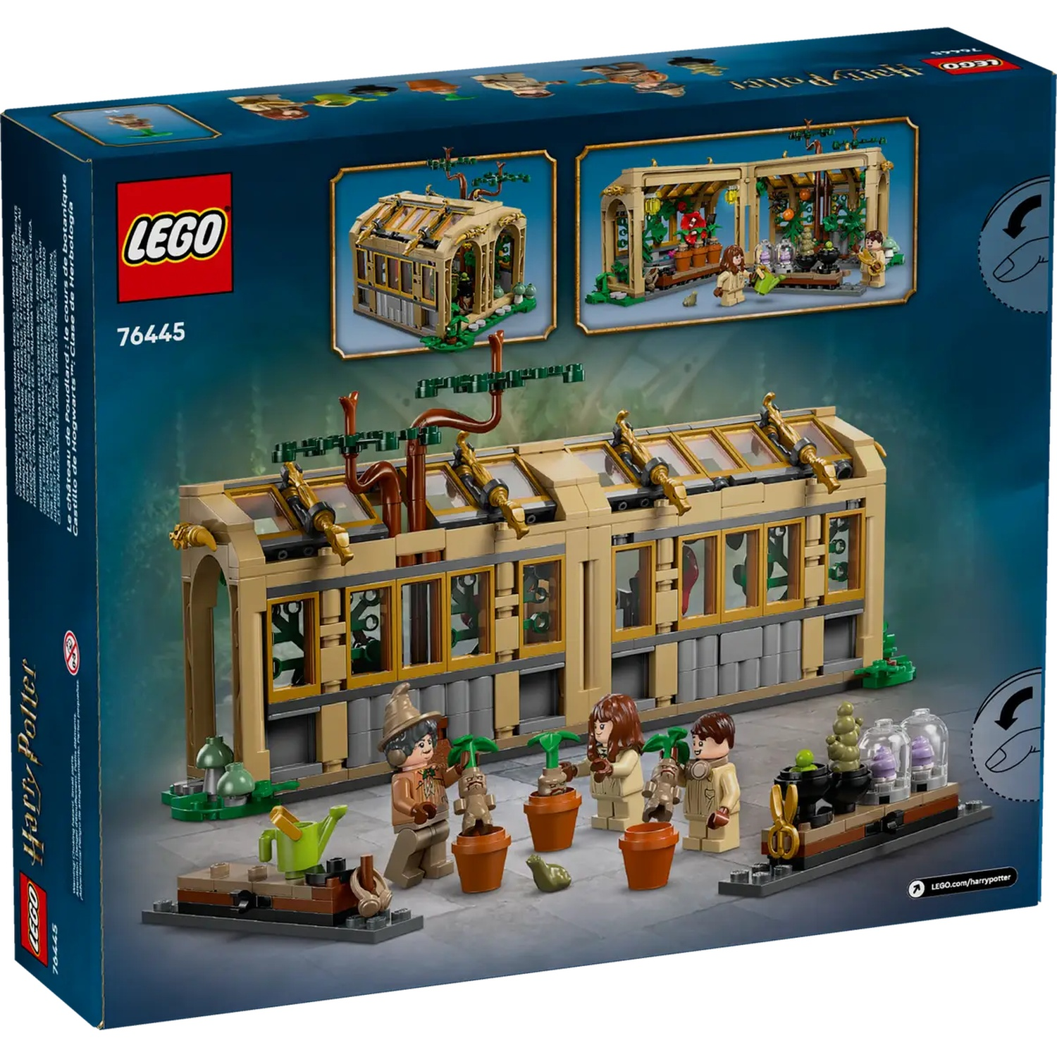 LEGO Harry Potter set. A greenhouse with minifigures tending plants. Includes a watering can, pots, and various plant elements.