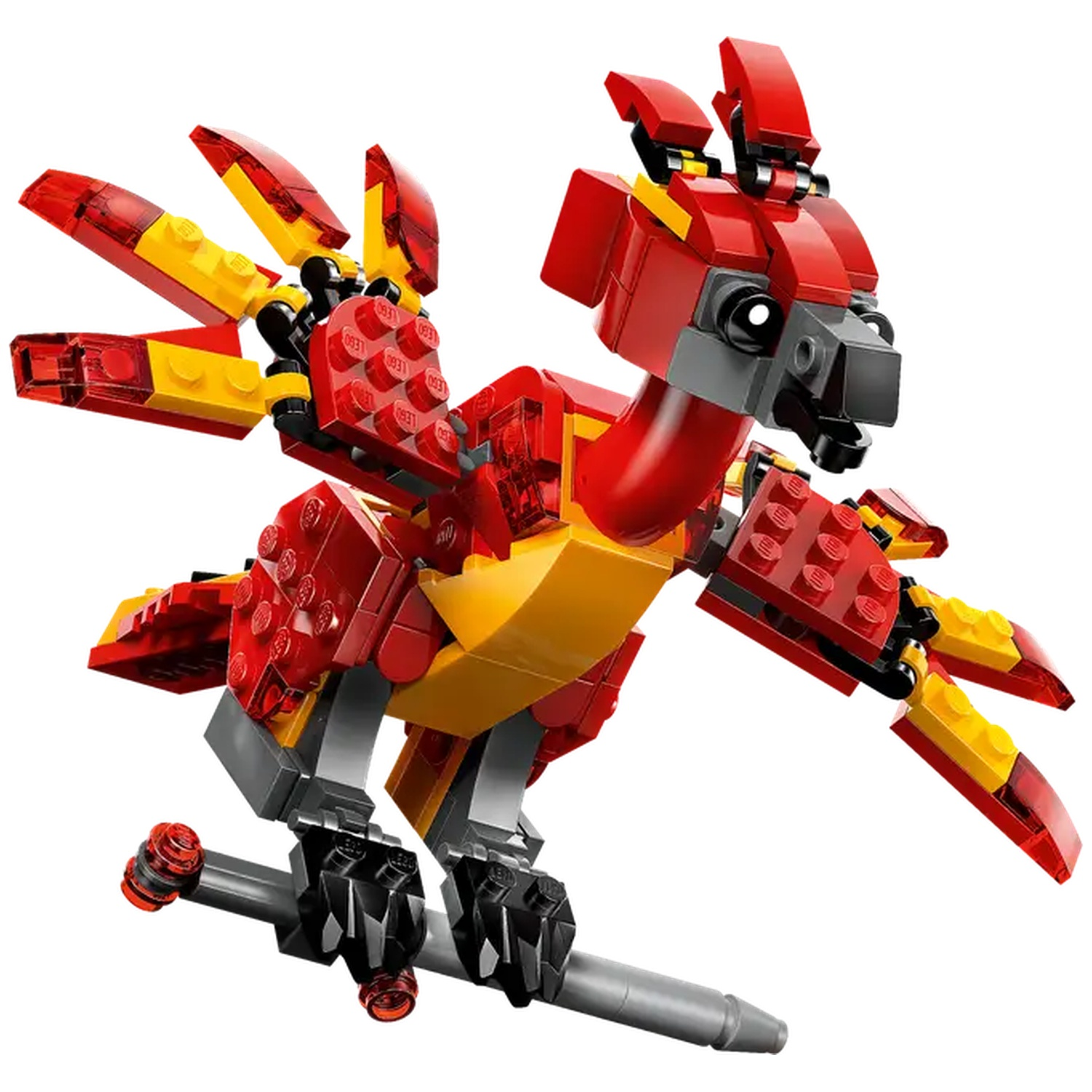 Een Lego feniks met rode, gele en zwarte stukken. Het heeft uitgespreide vleugels en zit op een grijze staaf. De achtergrond is wit.